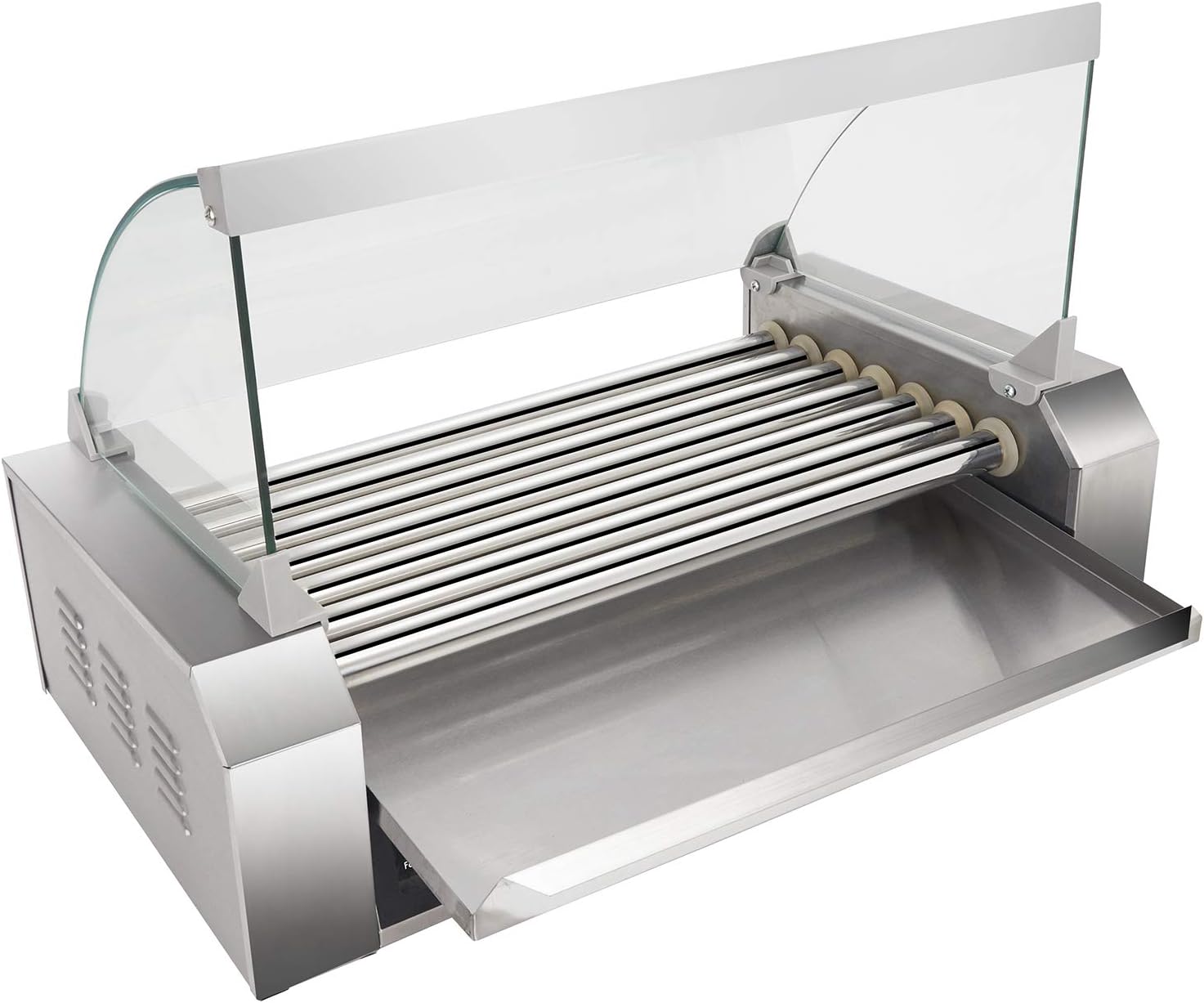 Electric Hot Dog Roller Machine with Glass Hood Cover - Commercial Grade Sausage Grill Cooker for 18 Hot Dogs, Removable Stainless Steel Drip Tray, Non-Stick Surface - Perfect for Household or Business Use