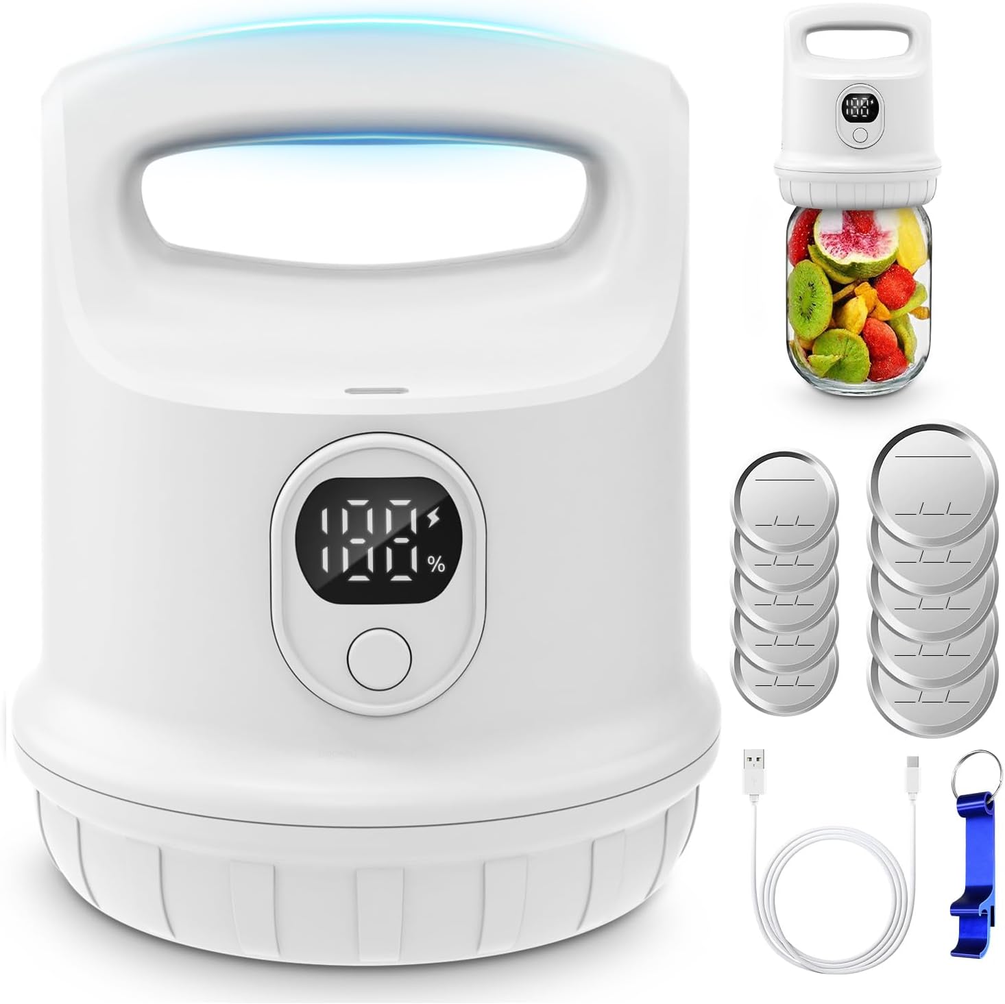 Electric Mason Jar Vacuum Sealer Kit for Wide & Regular Mouth Jars - Smart Auto-Stop Sealer for Food Preservation, Canning, Storage - White