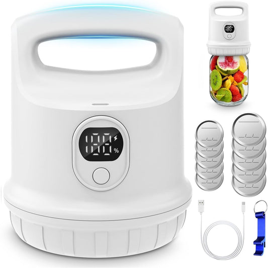Electric Mason Jar Vacuum Sealer Kit for Wide & Regular Mouth Jars - Smart Auto-Stop Sealer for Food Preservation, Canning, Storage - White