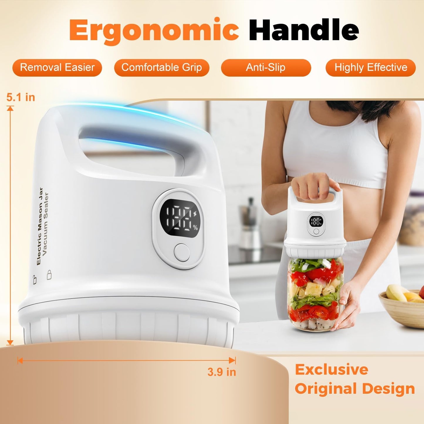 Electric Mason Jar Vacuum Sealer Kit for Wide & Regular Mouth Jars - Smart Auto-Stop Sealer for Food Preservation, Canning, Storage - White