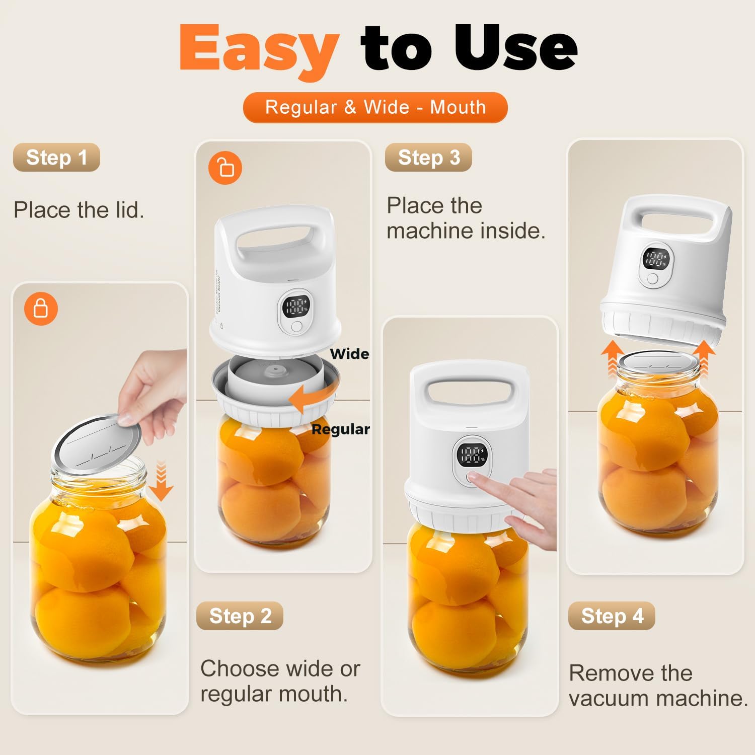 Electric Mason Jar Vacuum Sealer Kit for Wide & Regular Mouth Jars - Smart Auto-Stop Sealer for Food Preservation, Canning, Storage - White