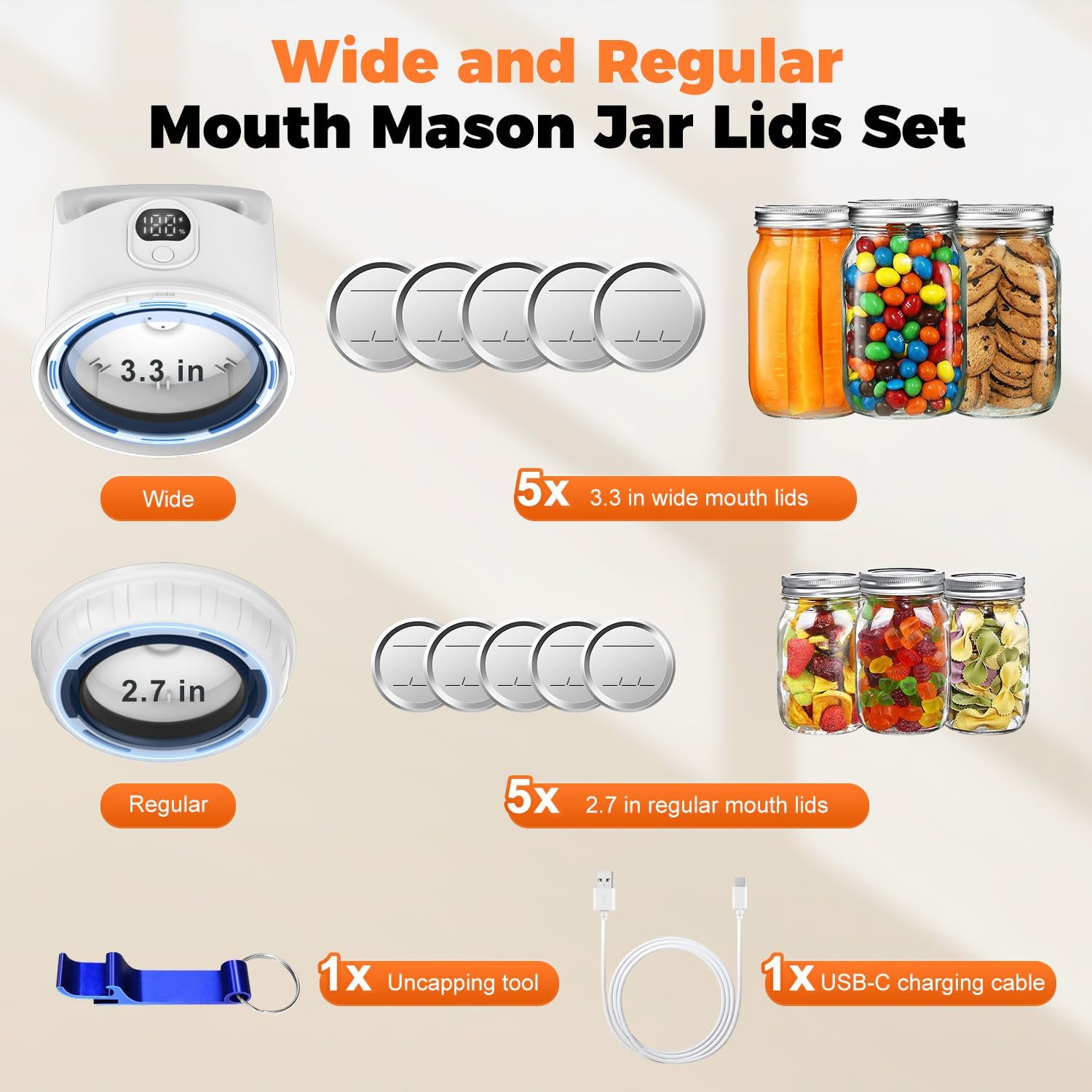 Electric Mason Jar Vacuum Sealer Kit for Wide & Regular Mouth Jars - Smart Auto-Stop Sealer for Food Preservation, Canning, Storage - White