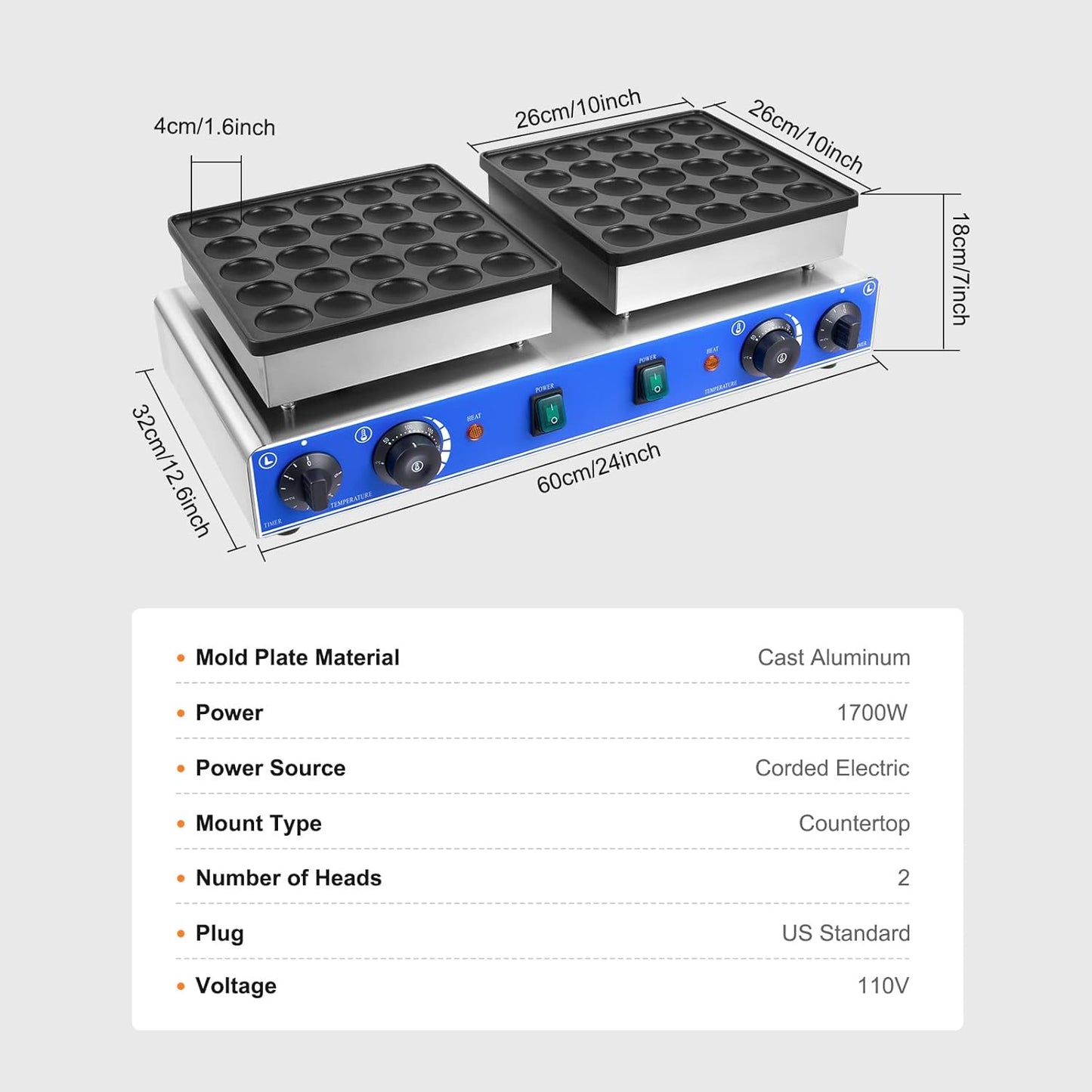Electric Mini Dutch Pancake Baker - 50PCS, 1700W Commercial Panini Press for Muffins, 1.8" Pancake Maker with Thermostats & Timers