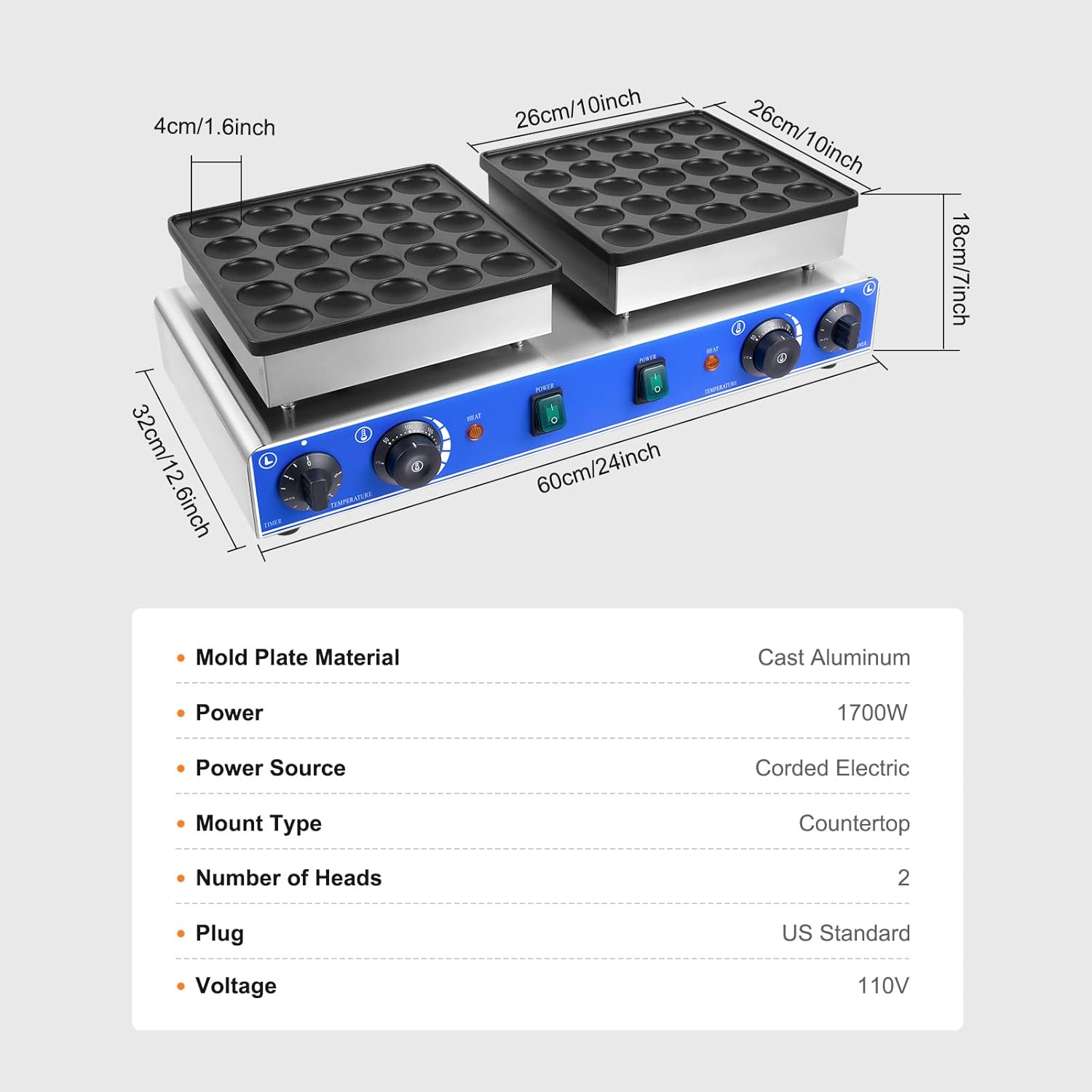 Electric Mini Dutch Pancake Baker - 50PCS, 1700W Commercial Panini Press for Muffins, 1.8" Pancake Maker with Thermostats & Timers