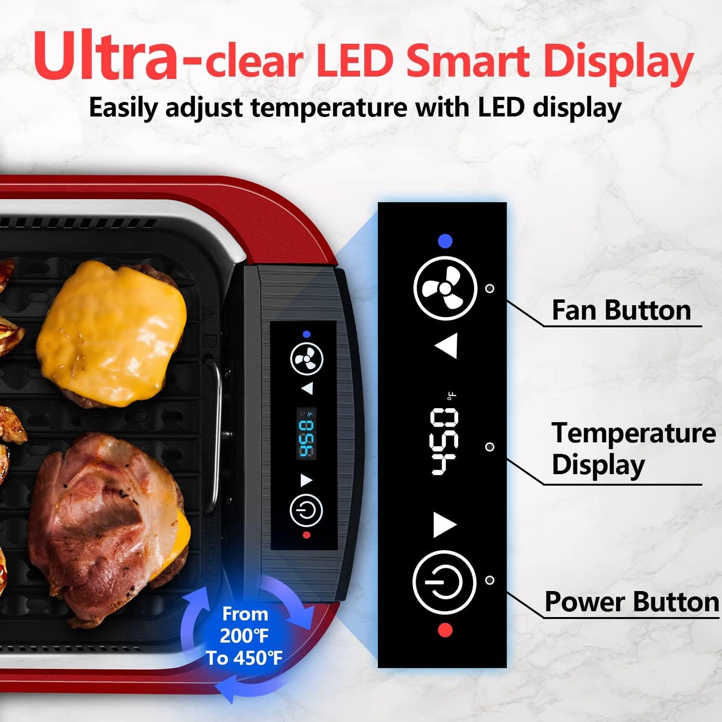 Electric Smokeless Indoor Grill with LED Smart Display, 1500W Korean BBQ Griddle, Non-stick Removable Plates & Tempered Glass Lid - Red