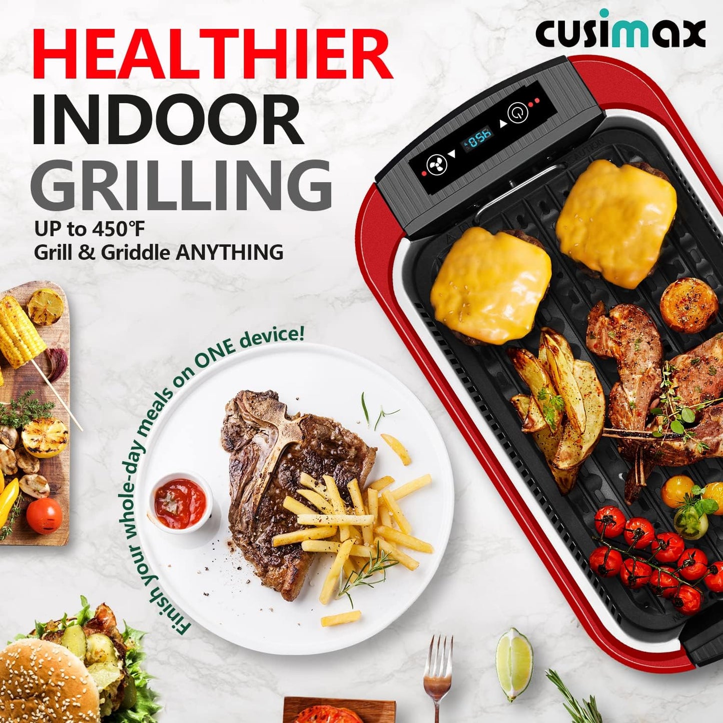 Electric Smokeless Indoor Grill with LED Smart Display, 1500W Korean BBQ Griddle, Non-stick Removable Plates & Tempered Glass Lid - Red