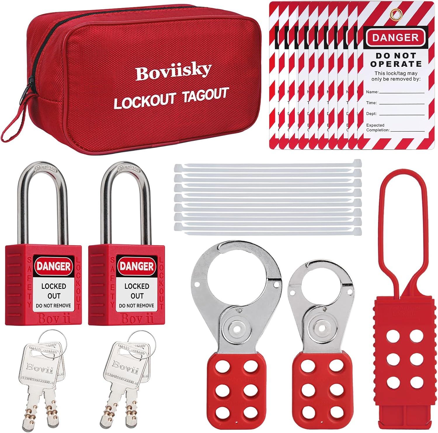 Electrical Lockout Tagout Kit with Group Lockout Hasps, Lockout Tags, Safety Padlocks, Nylon Ties, and Red Bag