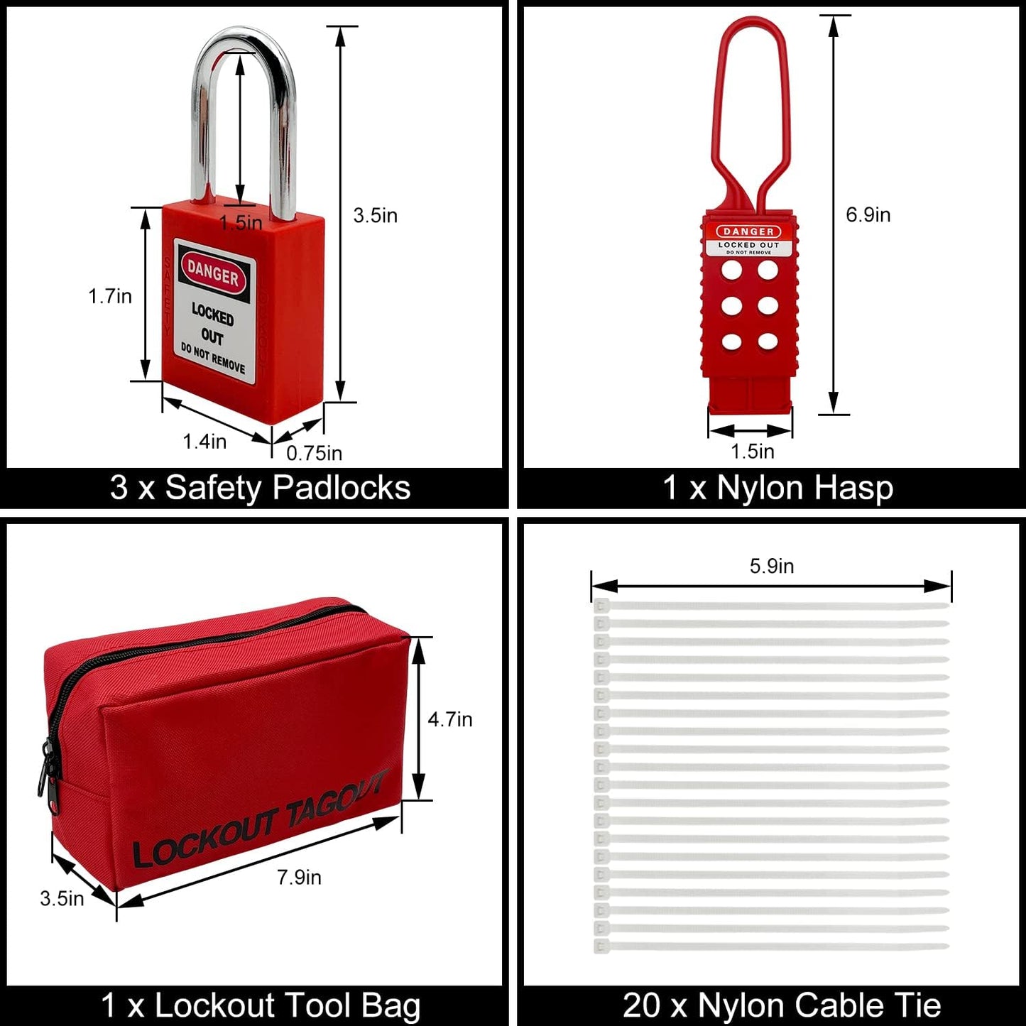 Electrical Lockout Tagout Kit with Group Lockout Hasps, Safety Padlocks, Tags, and Nylon Ties - Red Bag Included - WildKart