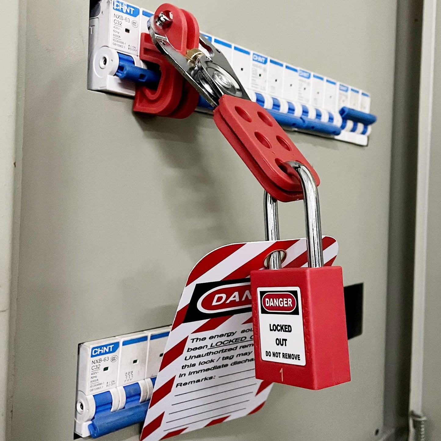 Electrical Lockout Tagout Kit with Group Lockout Hasps, Safety Padlocks, Tags, and Nylon Ties - Red Bag Included - WildKart