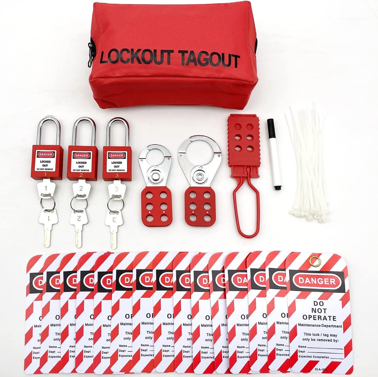 Electrical Lockout Tagout Kit with Group Lockout Hasps, Safety Padlocks, Tags, and Nylon Ties - Red Bag Included - WildKart