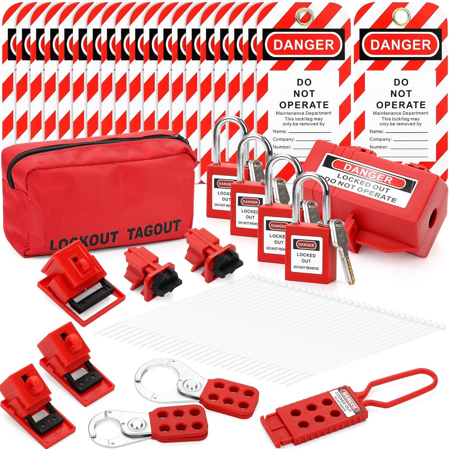 Electrical Lockout Tagout Kit with Hasps, Circuit Breaker Lockouts, Lockout Tags, Plug Lockout, Loto Locks, Zip Ties, Carrying Bag - 2 Keys Per Lock
