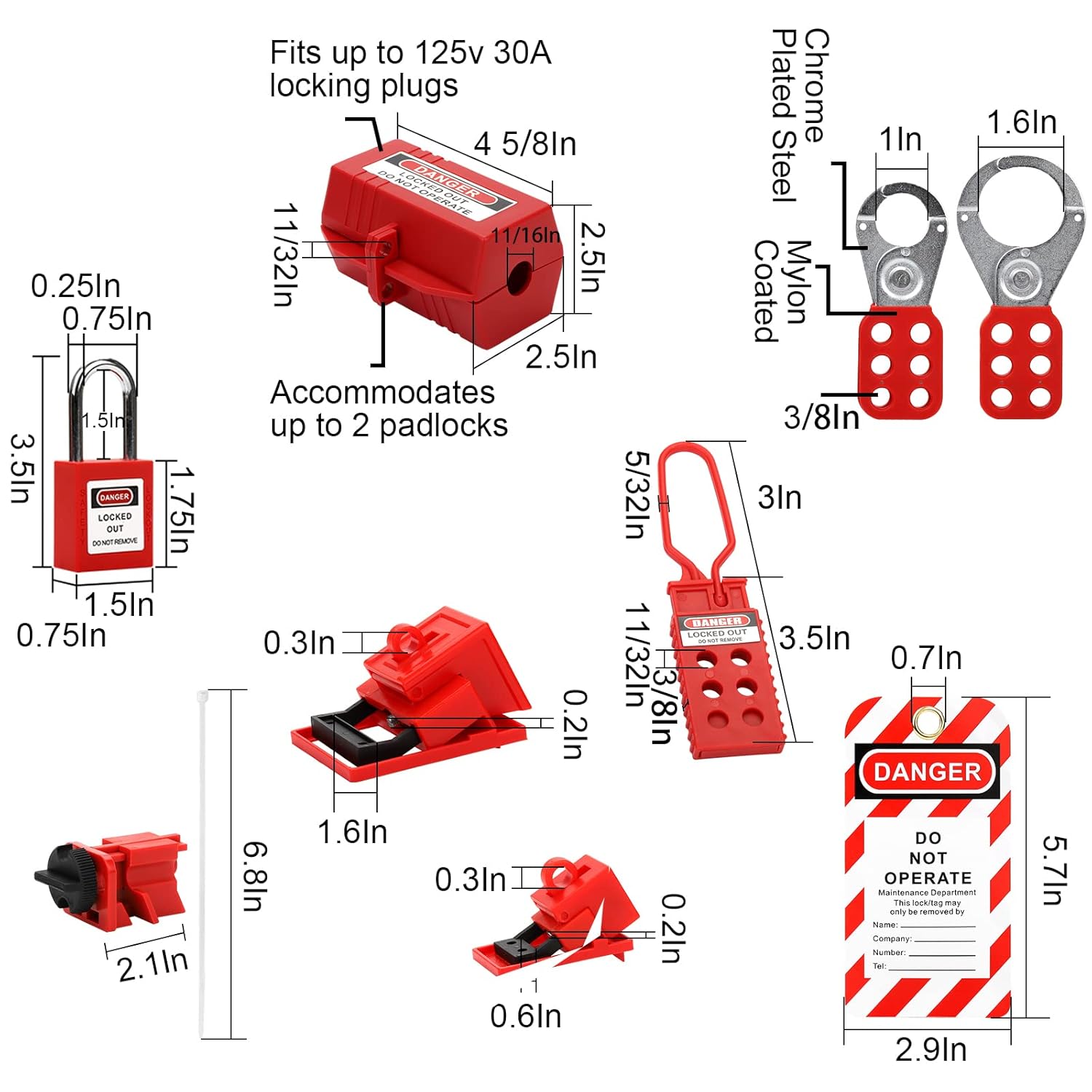 Electrical Lockout Tagout Kit with Hasps, Circuit Breaker Lockouts, Lockout Tags, Plug Lockout, Loto Locks, Zip Ties, Carrying Bag - 2 Keys Per Lock