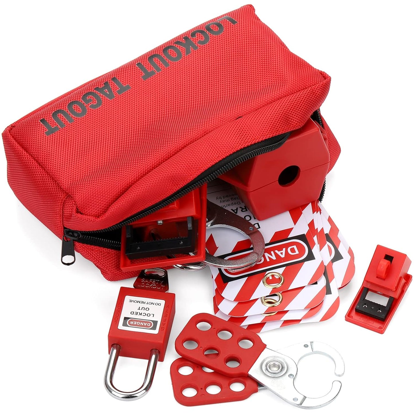 Electrical Lockout Tagout Kit with Hasps, Circuit Breaker Lockouts, Lockout Tags, Plug Lockout, Loto Locks, Zip Ties, Carrying Bag - 2 Keys Per Lock