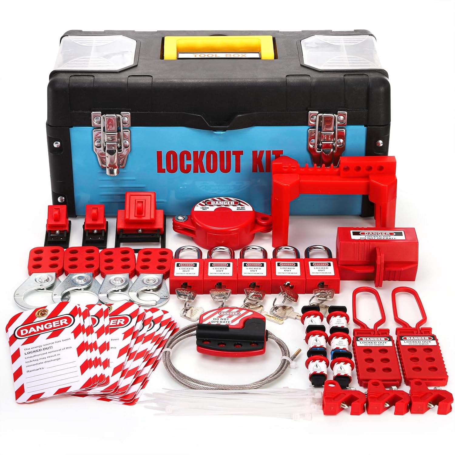 Electrical Safety Lockout Tagout Kit with Clamp-On Circuit Breaker Lockout, Padlocks, Hasps, and More