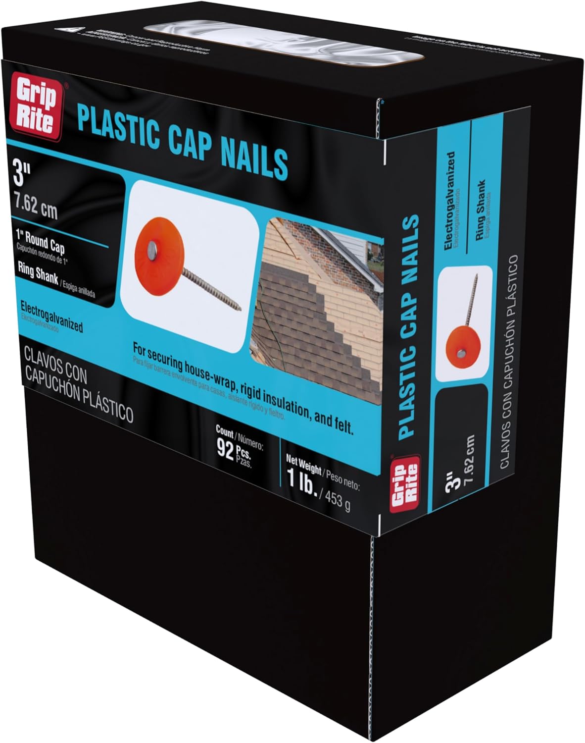 Electro Galvanized Round Plastic Grip-Cap Nail - 3 inch, 1.150 lb - Grip Rite 3PRCAP1