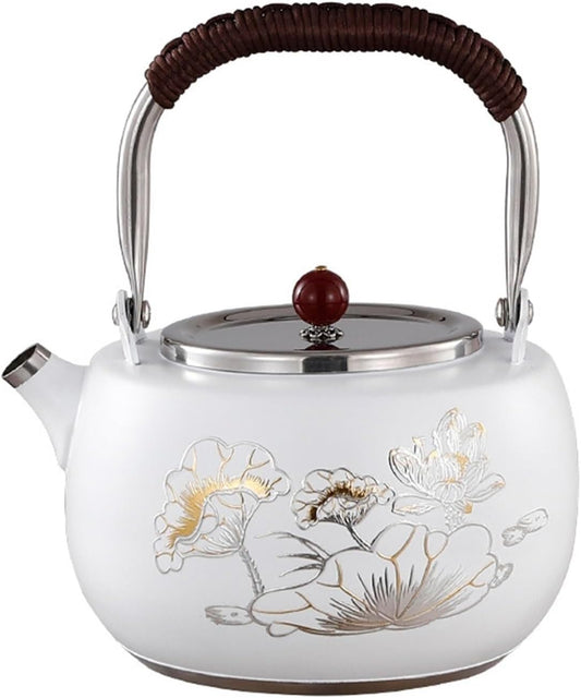 Elegant 1.3 Quart Whistling Tea Kettle - Stainless Steel with Bird and Cloud Flower Design - Compatible with All Stovetops - White