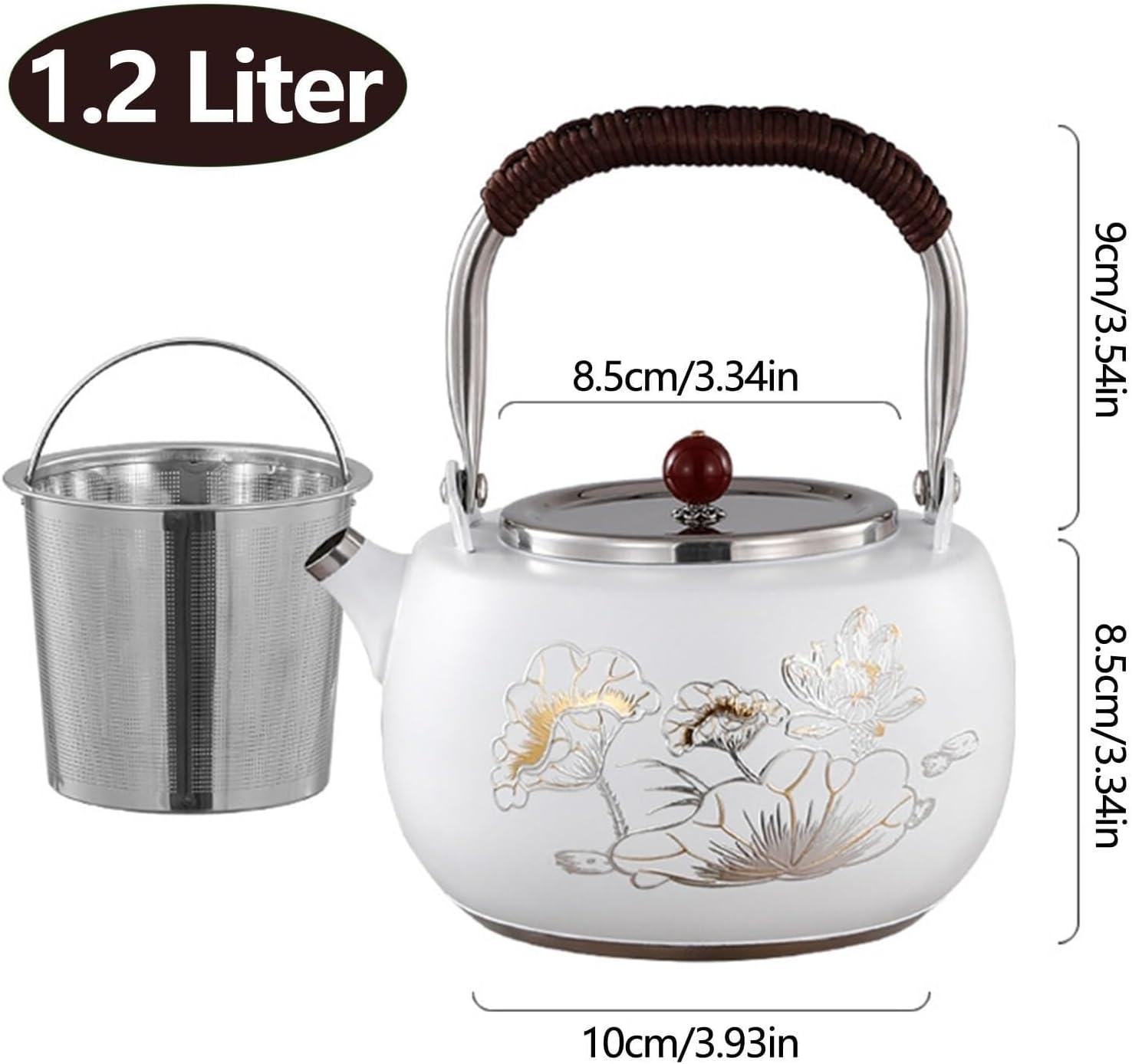 Elegant 1.3 Quart Whistling Tea Kettle - Stainless Steel with Bird and Cloud Flower Design - Compatible with All Stovetops - White