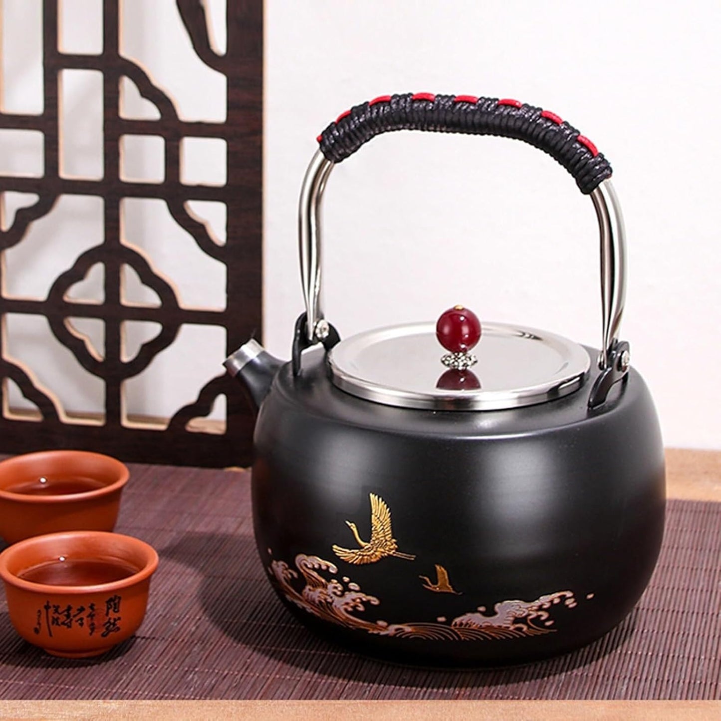 Elegant 1.3 Quart Whistling Tea Kettle - Stainless Steel with Bird and Cloud Flower Design - Compatible with All Stovetops - White