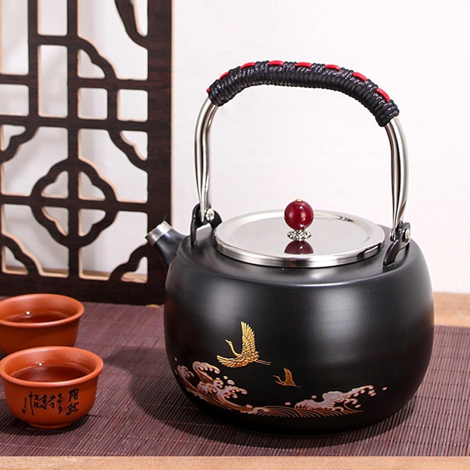 Elegant 1.3 Quart Whistling Tea Kettle - Stainless Steel with Bird and Cloud Flower Design - Compatible with All Stovetops - White