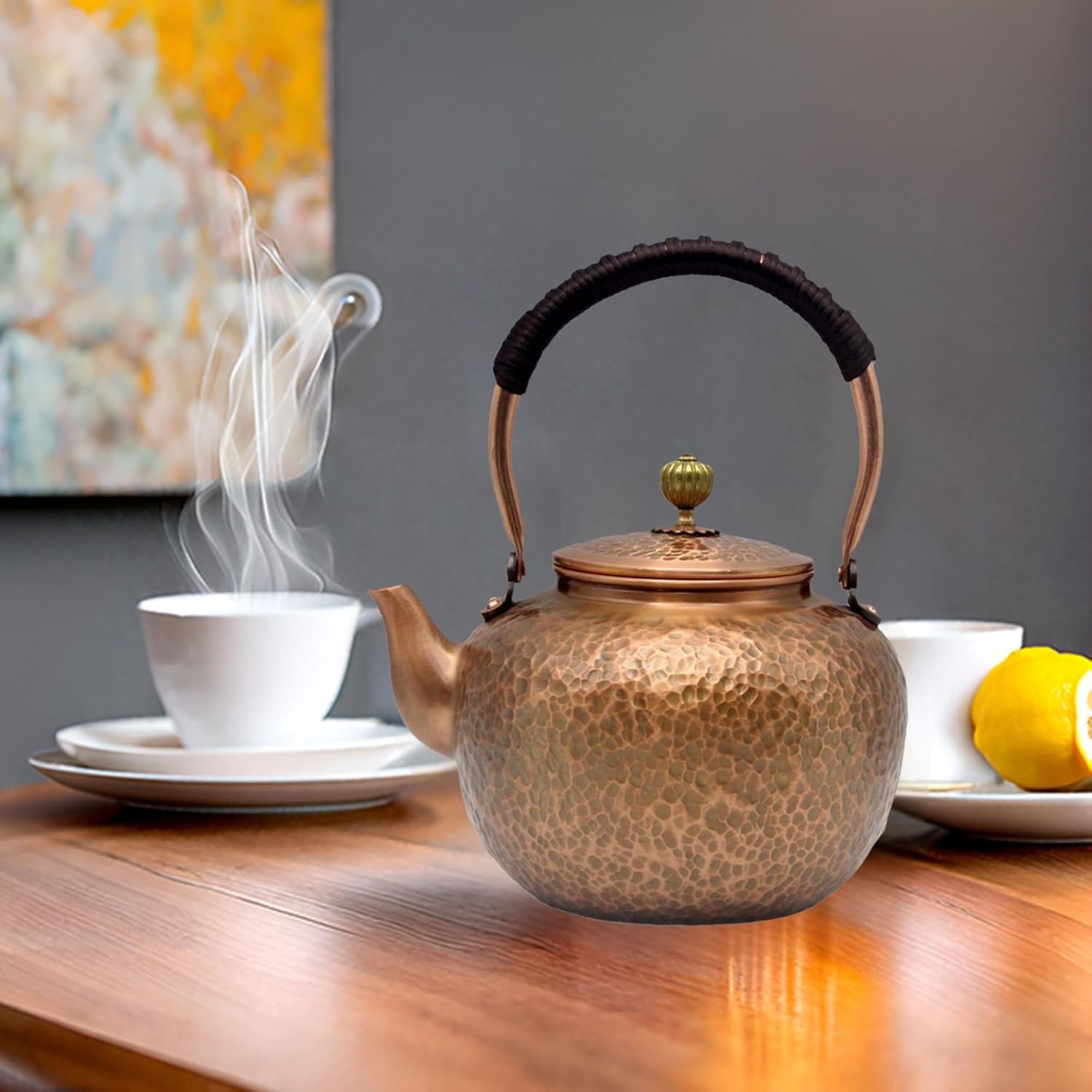 Elegant Chinese Style Copper Tea Kettle with Stainless Steel Infuser - 50.7oz Capacity - Non-Coating Pure Copper Teapot for Stovetop - Large 1500ml Solid Tea Pot
