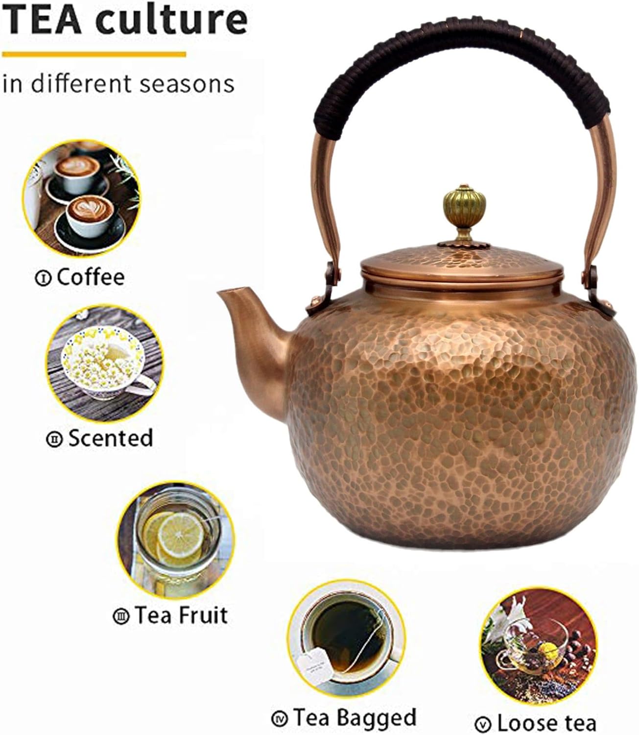 Elegant Chinese Style Copper Tea Kettle with Stainless Steel Infuser - 50.7oz Capacity - Non-Coating Pure Copper Teapot for Stovetop - Large 1500ml Solid Tea Pot