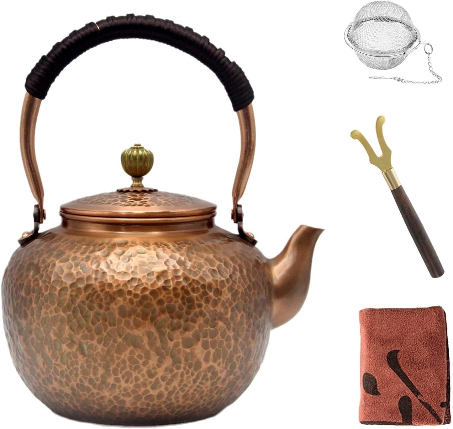 Elegant Chinese Style Copper Tea Kettle with Stainless Steel Infuser - 50.7oz Capacity - Non-Coating Pure Copper Teapot for Stovetop - Large 1500ml Solid Tea Pot
