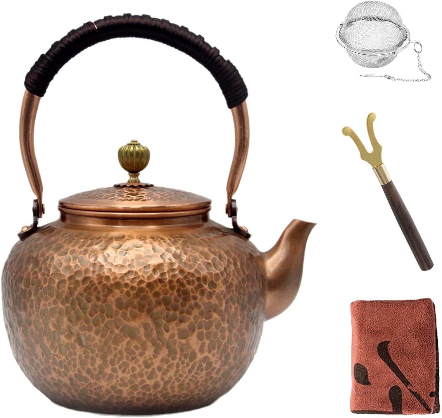 Elegant Chinese Style Copper Tea Kettle with Stainless Steel Infuser - 50.7oz Capacity - Non-Coating Pure Copper Teapot for Stovetop - Large 1500ml Solid Tea Pot