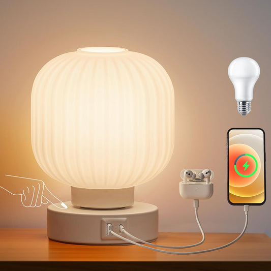 Elenhome Touch Bedside Lamp with USB Charging Ports - Small Dimmable Table Light for Bedroom and Living Room - Includes 6W Bulb