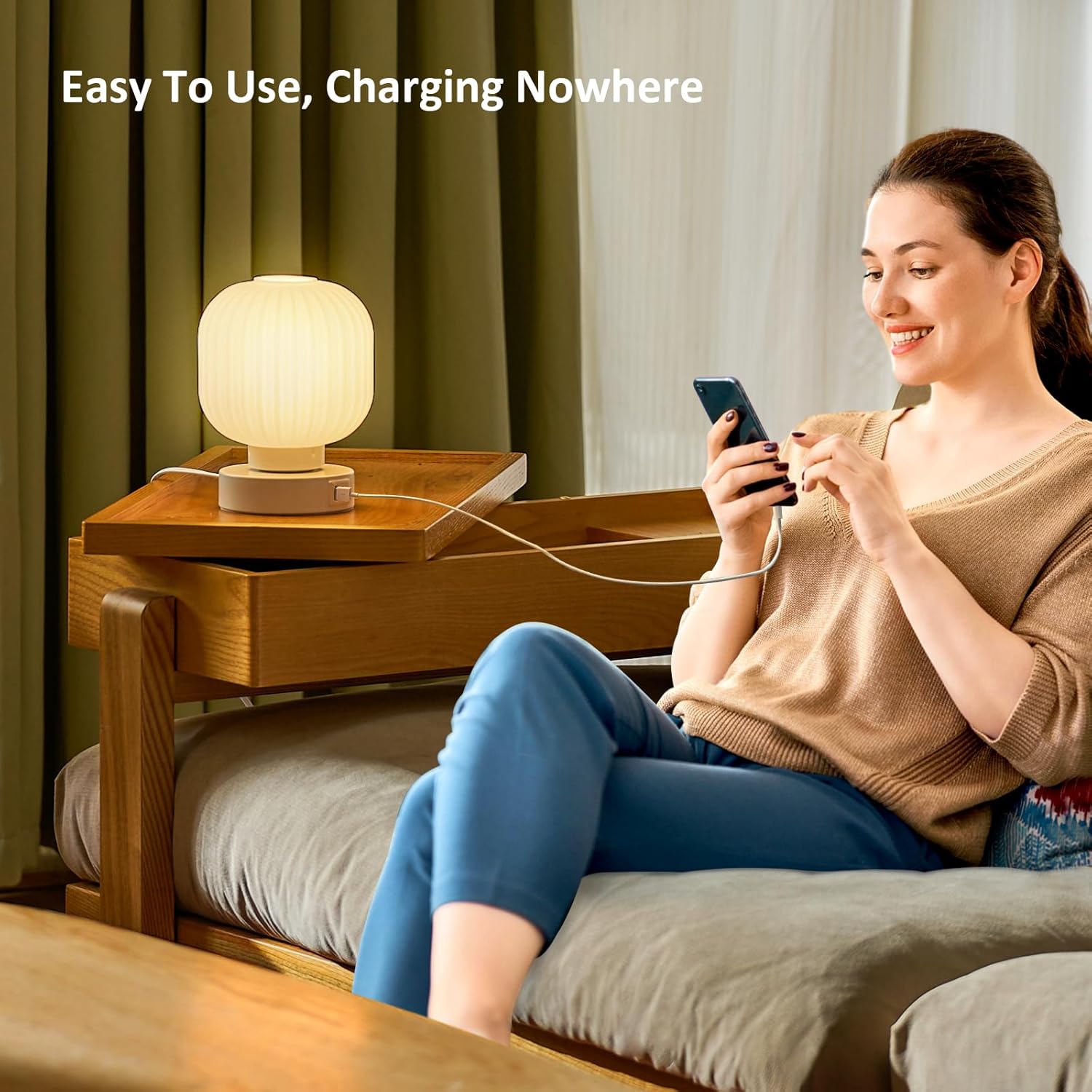 Elenhome Touch Bedside Lamp with USB Charging Ports - Small Dimmable Table Light for Bedroom and Living Room - Includes 6W Bulb