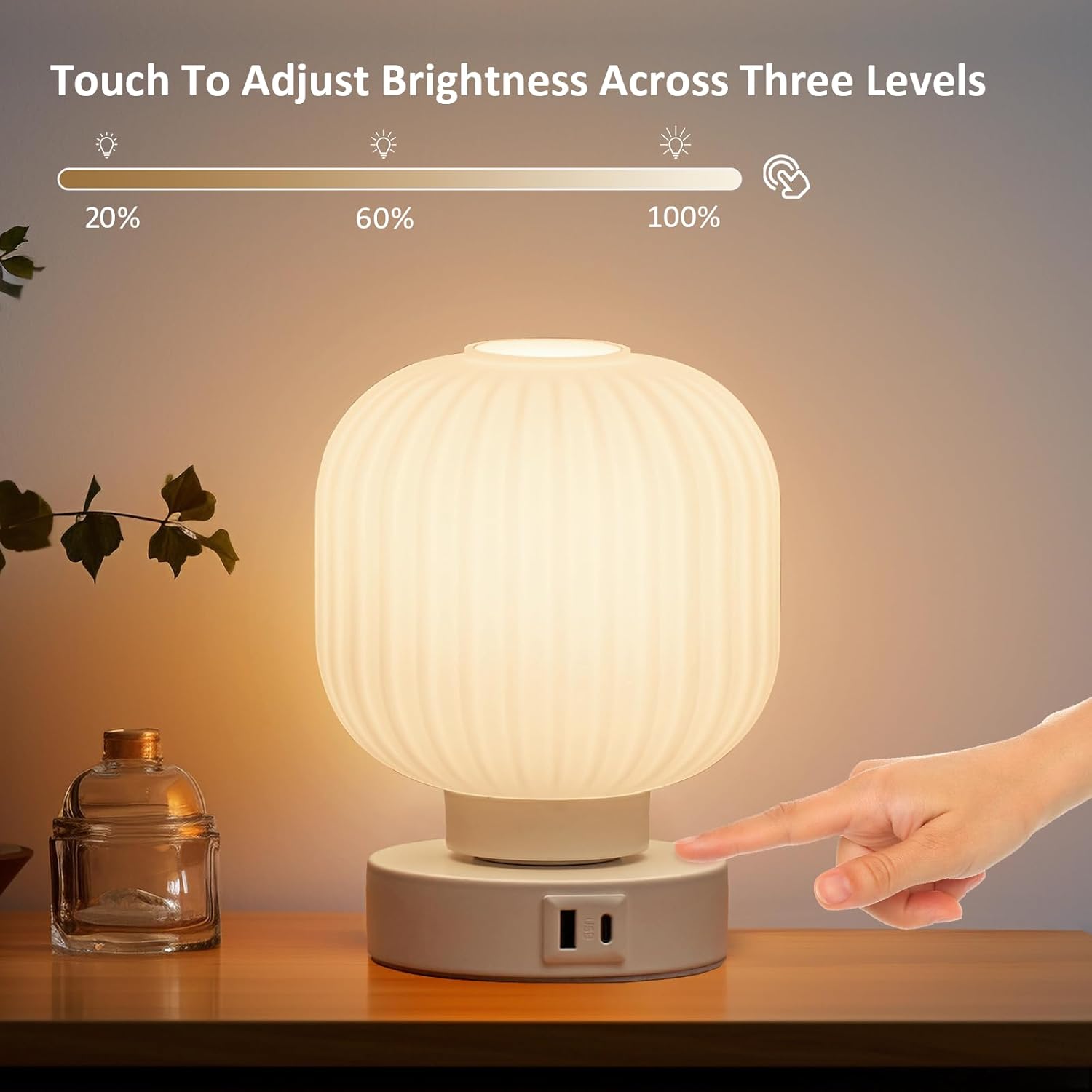 Elenhome Touch Bedside Lamp with USB Charging Ports - Small Dimmable Table Light for Bedroom and Living Room - Includes 6W Bulb