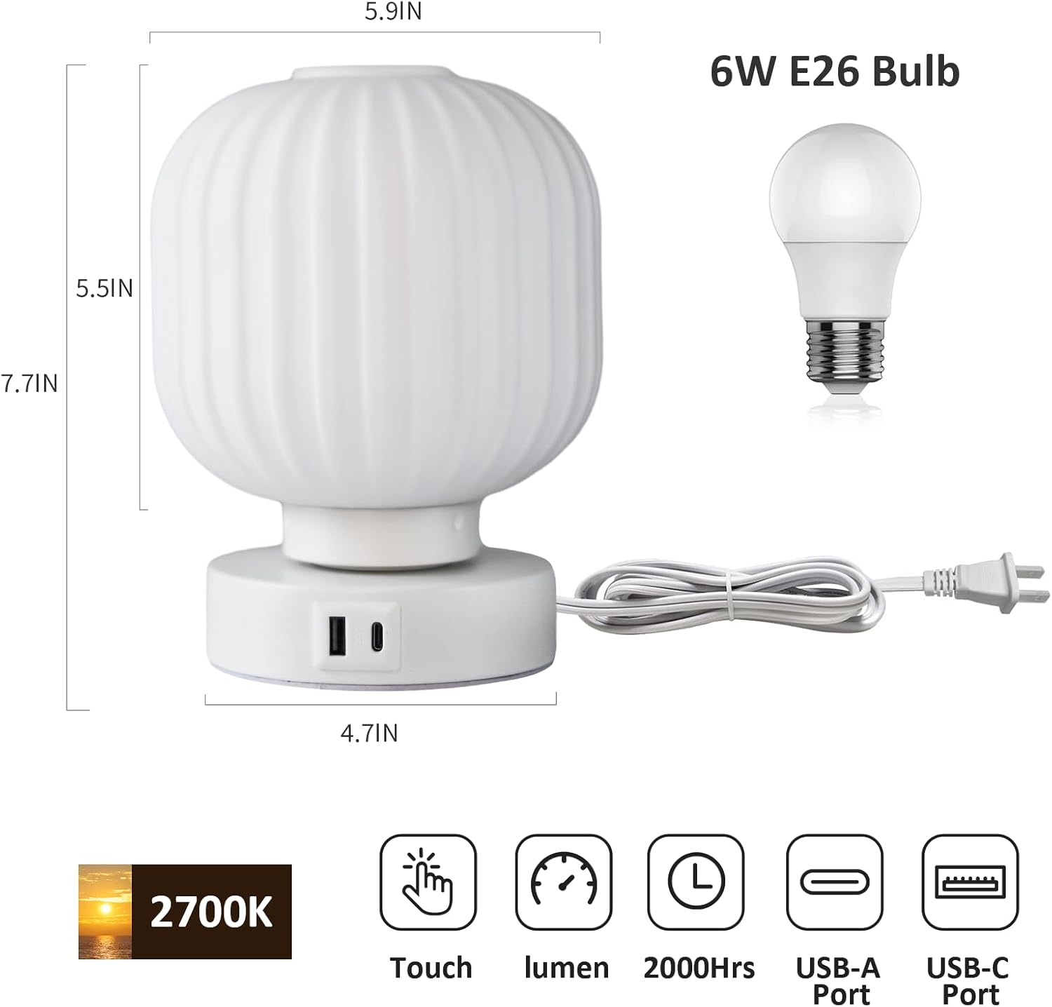 Elenhome Touch Bedside Lamp with USB Charging Ports - Small Dimmable Table Light for Bedroom and Living Room - Includes 6W Bulb