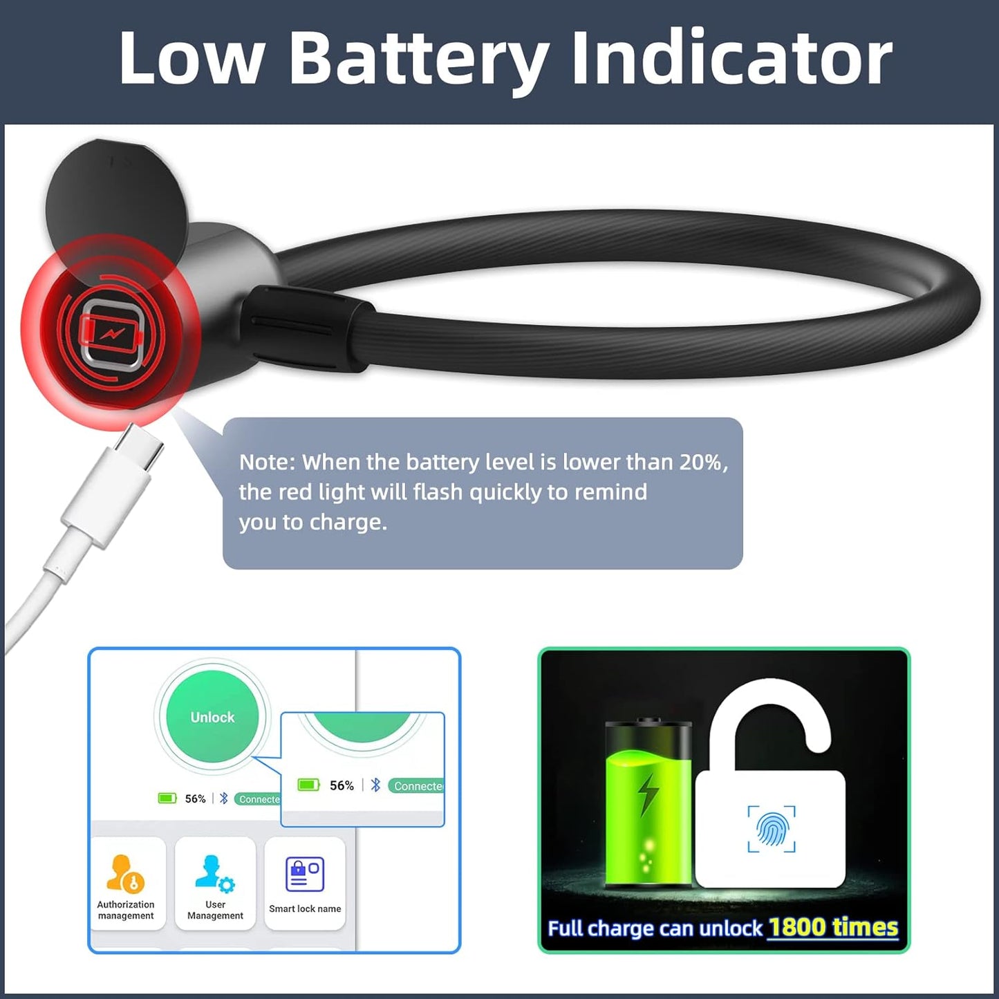 eLinkSmart 40cm Cable Lock for French Door Fridge - Waterproof Refrigerator Lock with Fingerprint Bluetooth App Access