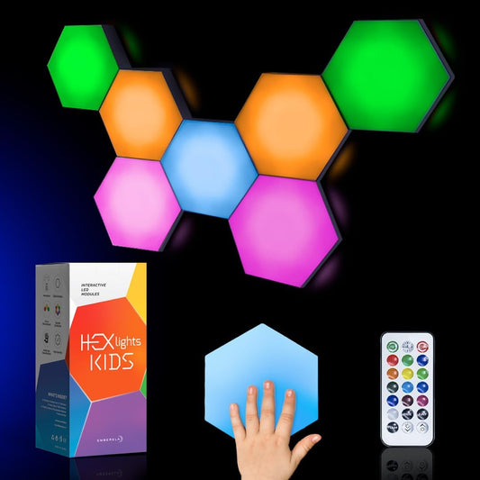Emberela HEXlights Sensory Lights for Kids - 7pk Touch Hexagon Lights with Remote Control - Autism-Friendly Wall Lights with Table Stand