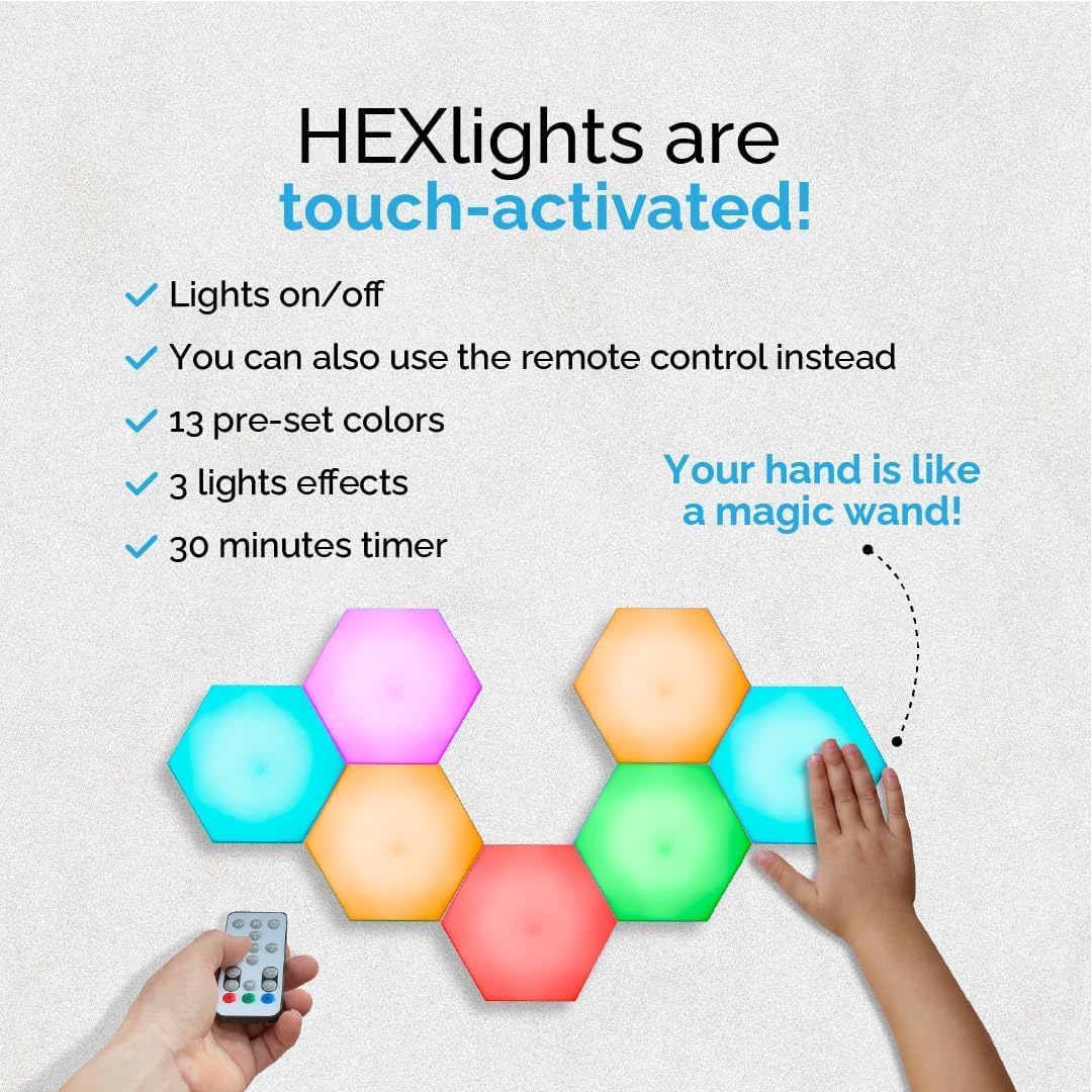 Emberela HEXlights Sensory Lights for Kids - 7pk Touch Hexagon Lights with Remote Control - Autism-Friendly Wall Lights with Table Stand