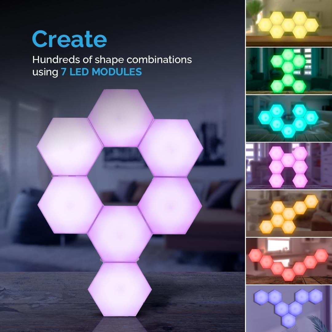 Emberela HEXlights Sensory Lights for Kids - 7pk Touch Hexagon Lights with Remote Control - Autism-Friendly Wall Lights with Table Stand