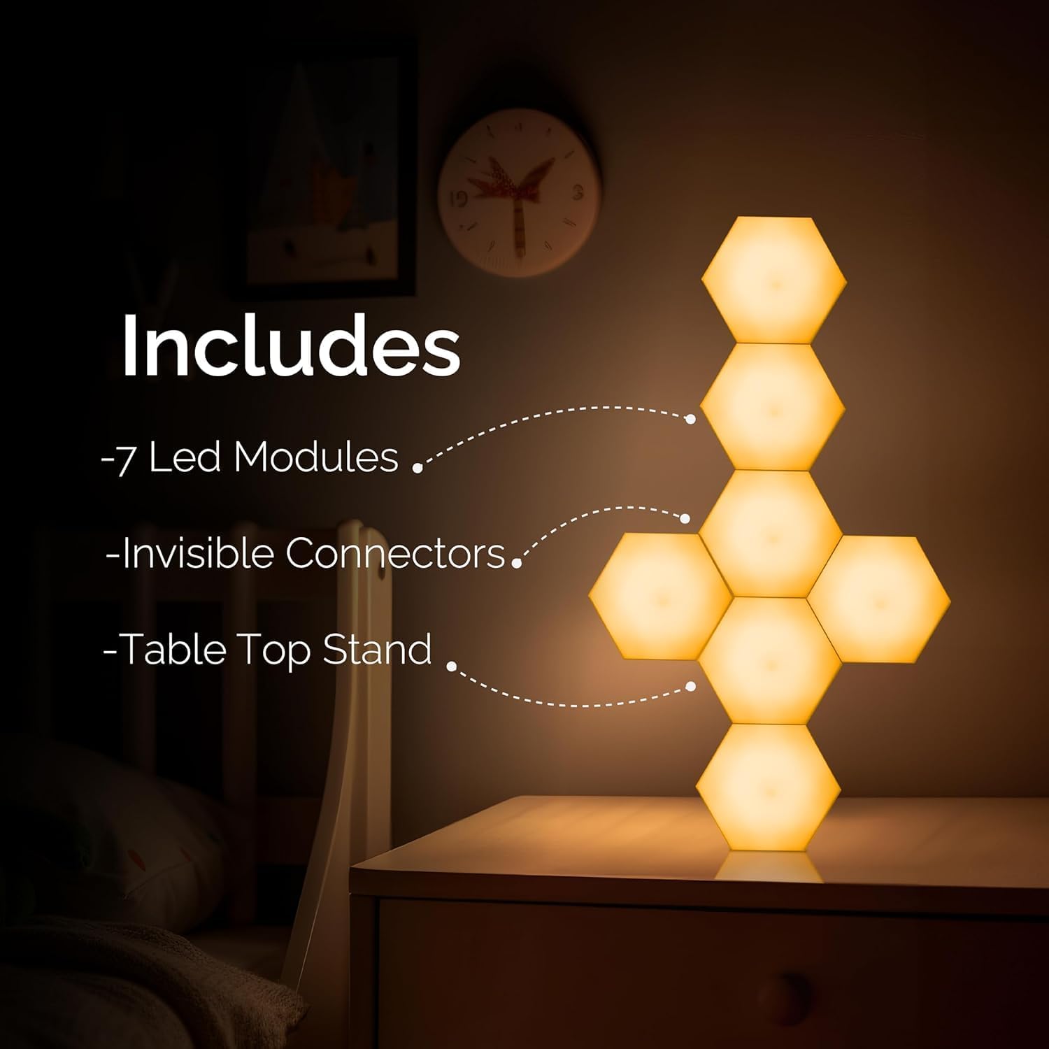 Emberela HEXlights Sensory Lights for Kids - 7pk Touch Hexagon Lights with Remote Control - Autism-Friendly Wall Lights with Table Stand
