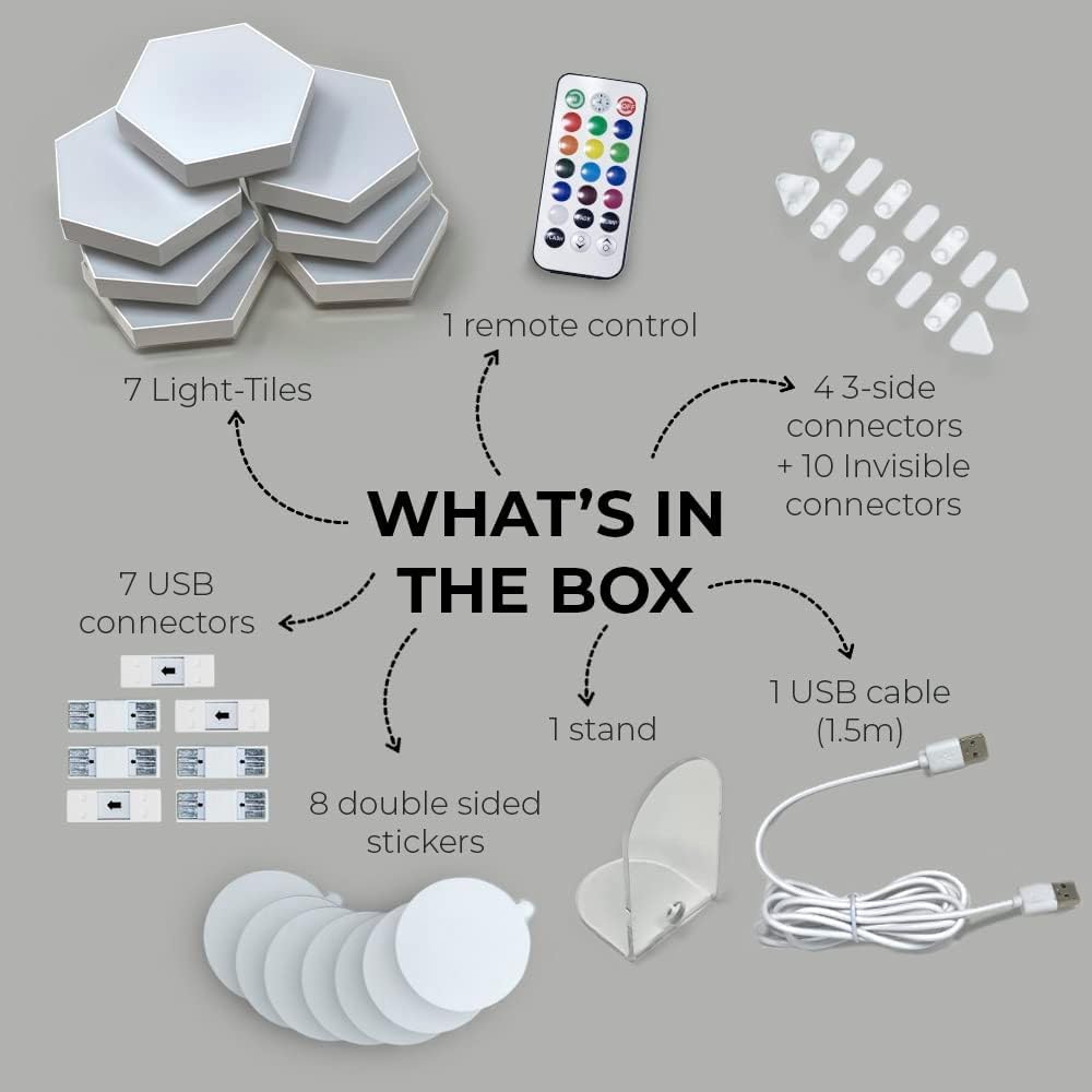 Emberela HEXlights Sensory Lights for Kids - 7pk Touch Hexagon Lights with Remote Control - Autism-Friendly Wall Lights with Table Stand