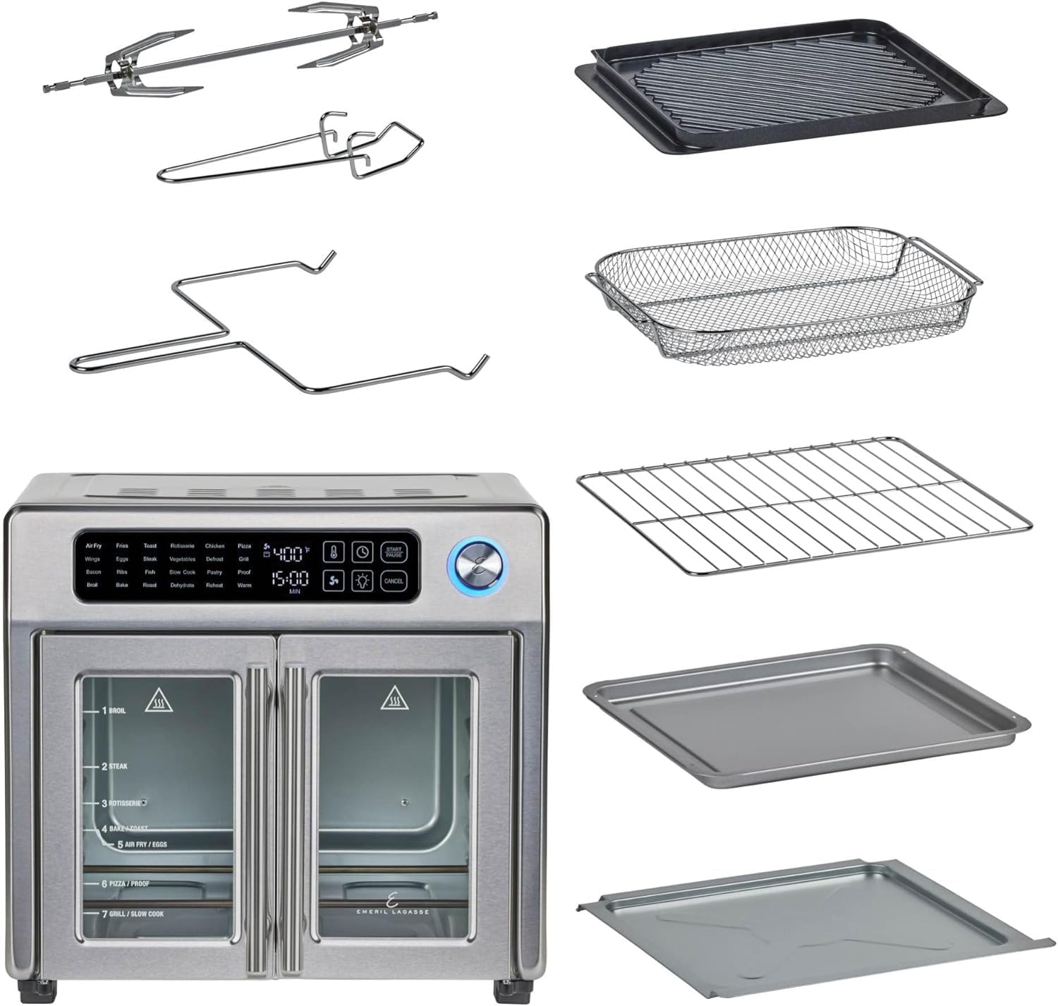 Emeril Lagasse 26QT French Door Air Fryer Toaster Oven Combo with 24 Cooking Functions & Digital Controls - Stainless Steel Finish, 7 Accessories