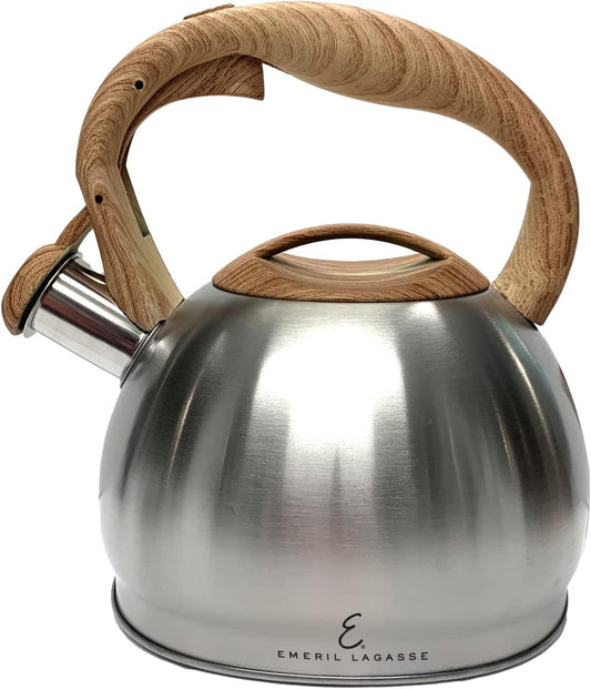 Emeril Lagasse Stainless Steel Whistling Tea Kettle - 3.2 Quart, Fast Boil, Induction Stovetop, Wood Handle - Silver