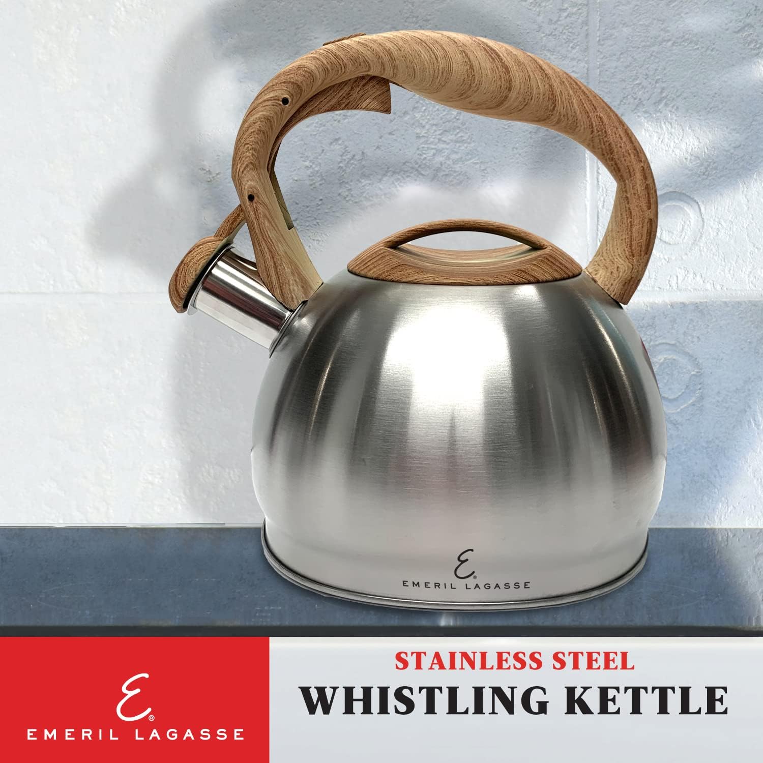Emeril Lagasse Stainless Steel Whistling Tea Kettle - 3.2 Quart, Fast Boil, Induction Stovetop, Wood Handle - Silver
