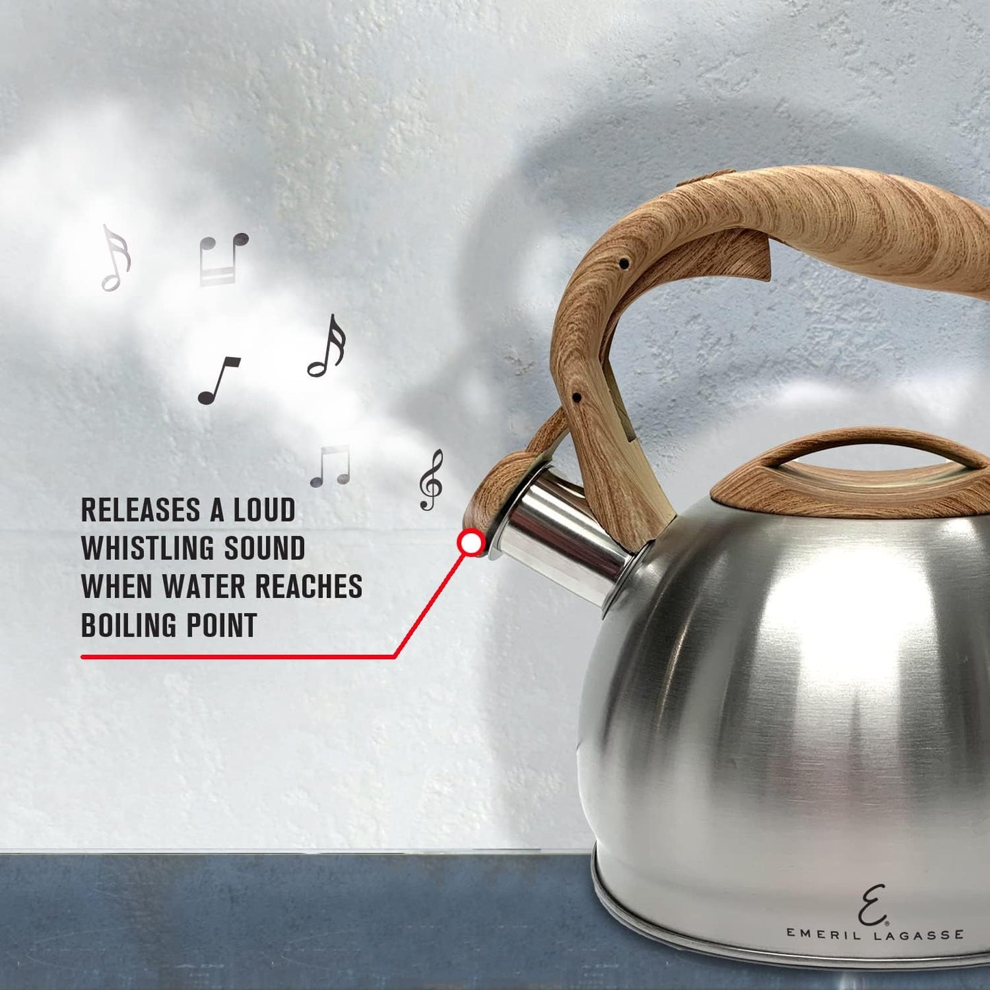 Emeril Lagasse Stainless Steel Whistling Tea Kettle - 3.2 Quart, Fast Boil, Induction Stovetop, Wood Handle - Silver