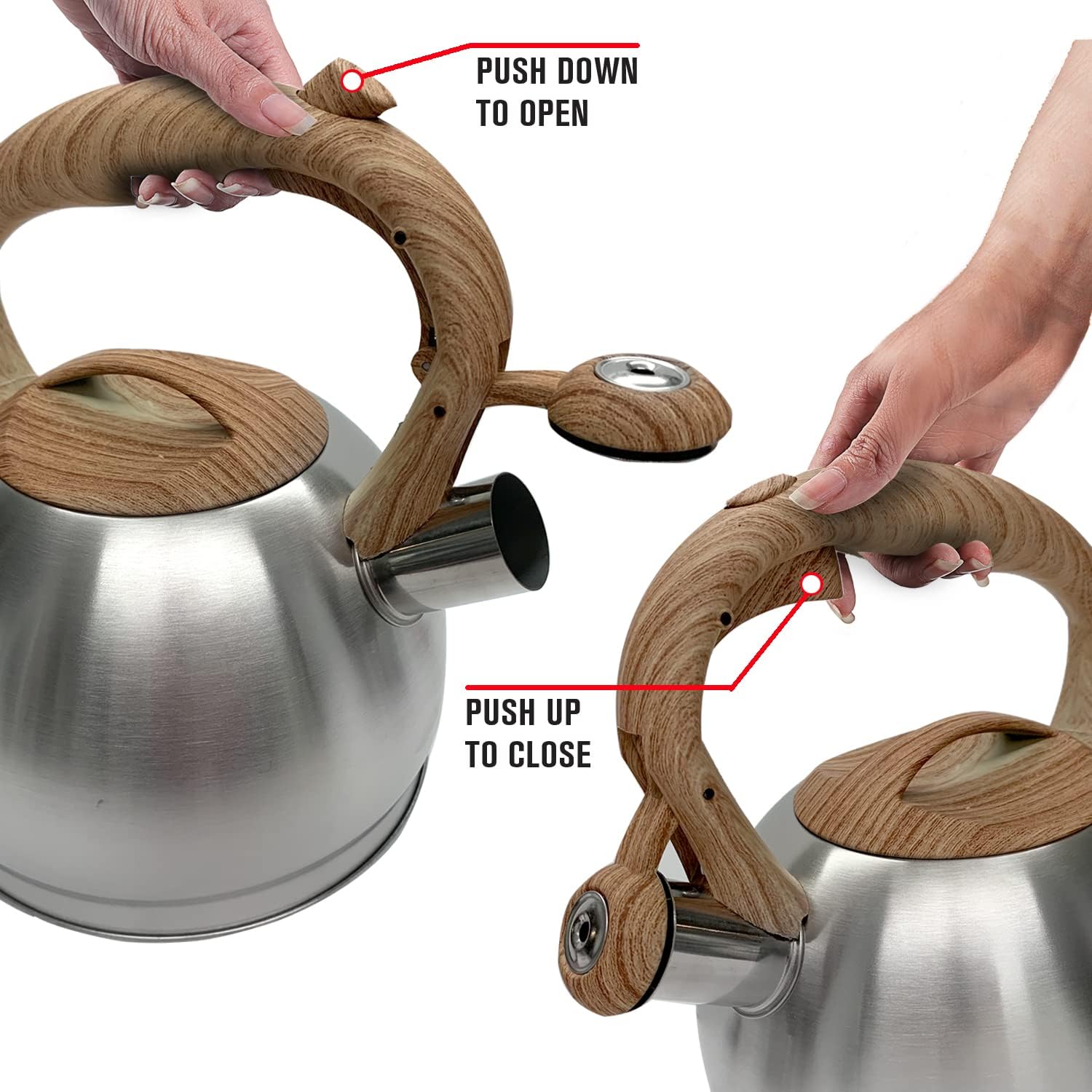 Emeril Lagasse Stainless Steel Whistling Tea Kettle - 3.2 Quart, Fast Boil, Induction Stovetop, Wood Handle - Silver