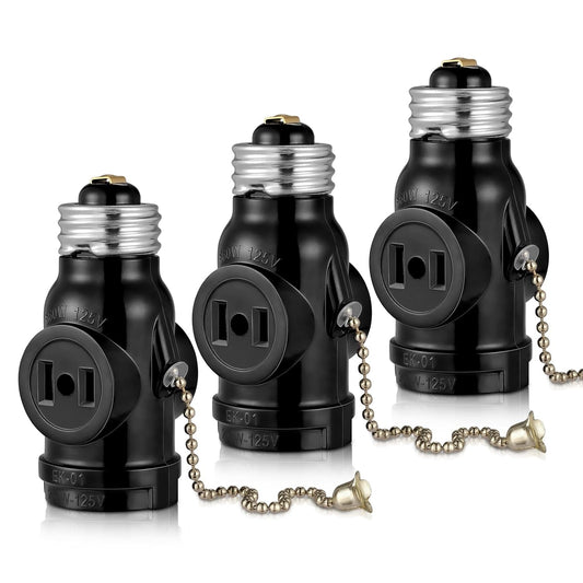EMNOOTI 2-Outlet Socket Adapter with Pull Chain Switch, E26 Bulb Socket Splitter, UL Listed Black (3-Pack)