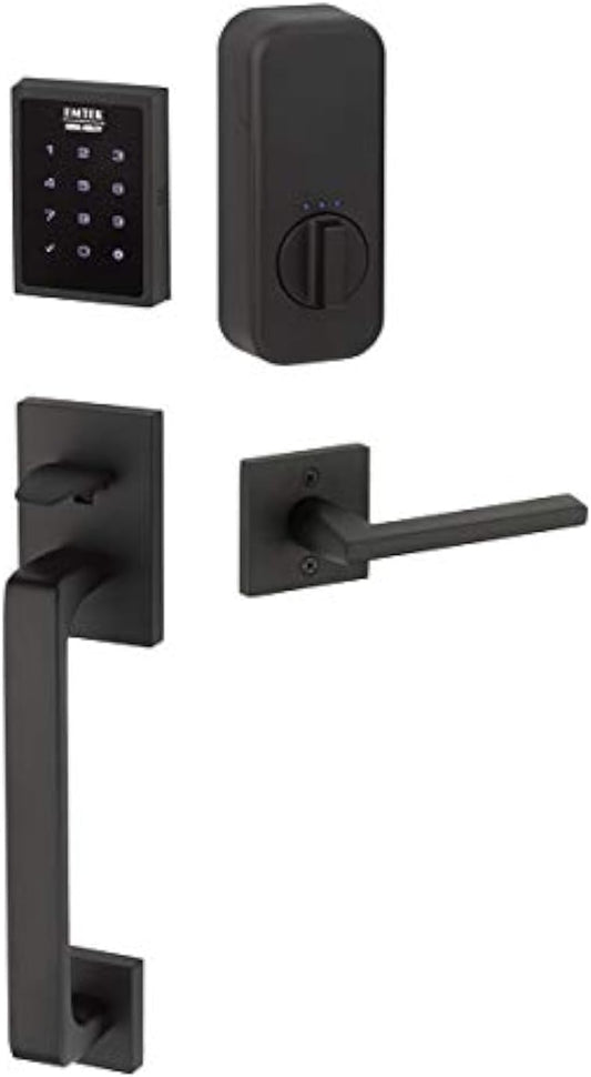 EMTEK Empowered Motorized Baden Keypad Entry Set with Basel Lever - Left Handed - Flat Black Finish - EMP0103BALLHUS19