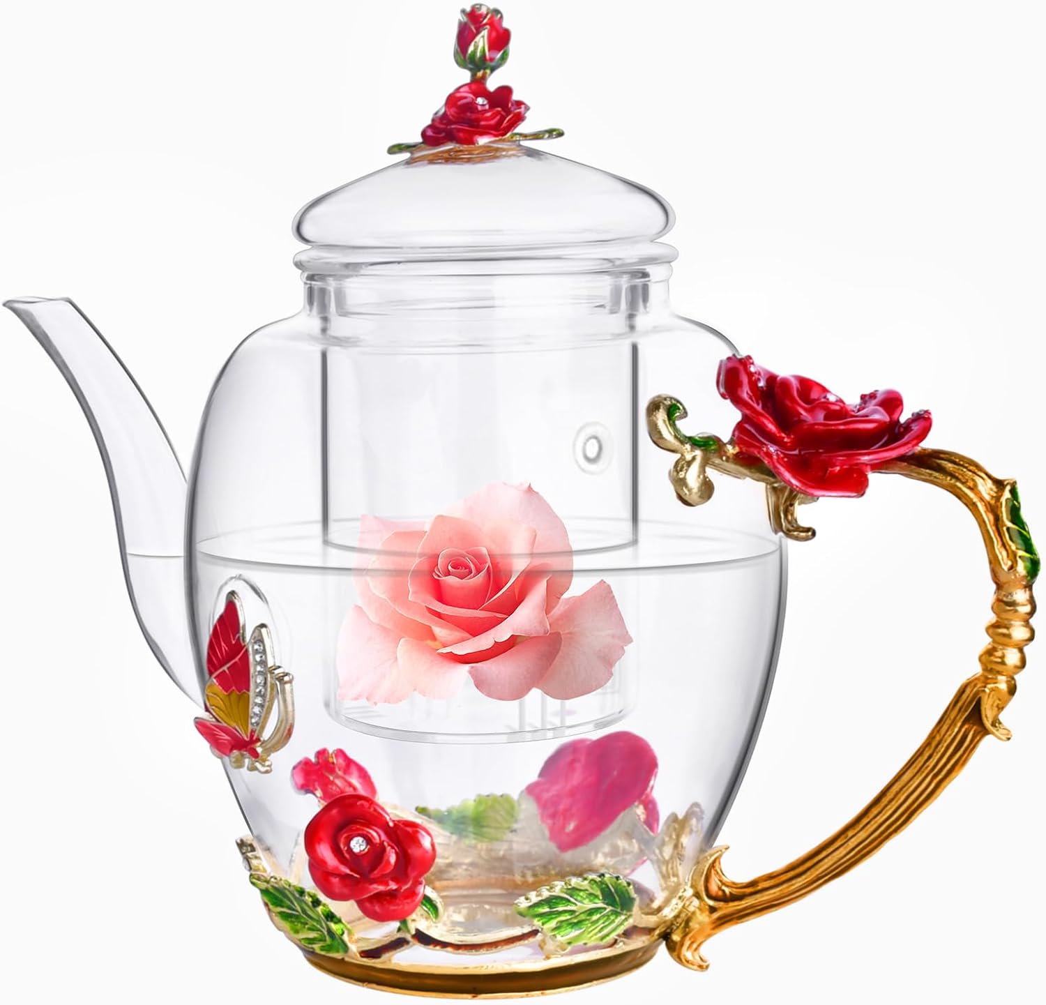 Enamel Glass Flower Tea Pot Set with Removable Infuser 30.4OZ - Perfect Gift for Women, Mom, Birthday