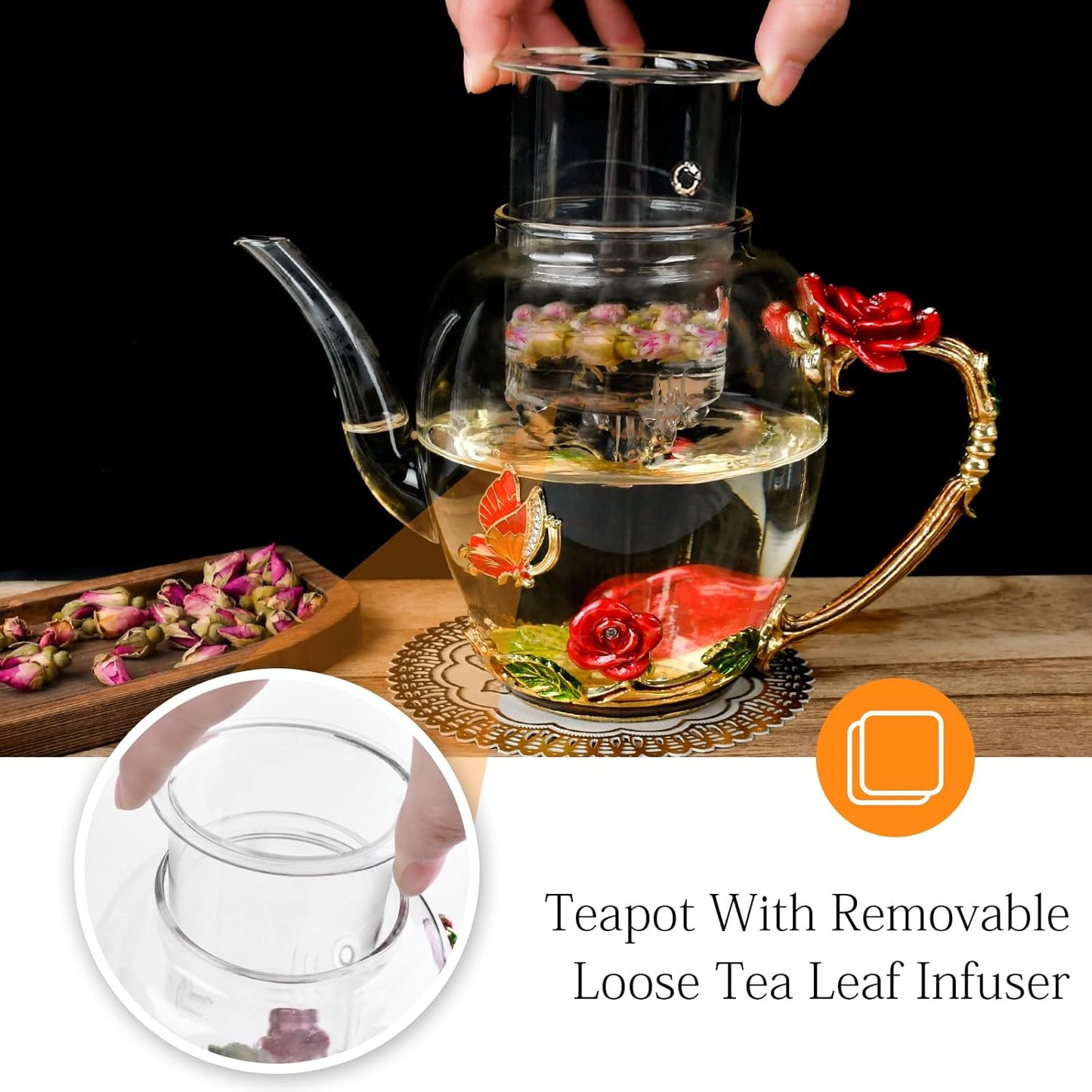 Enamel Glass Flower Tea Pot Set with Removable Infuser 30.4OZ - Perfect Gift for Women, Mom, Birthday