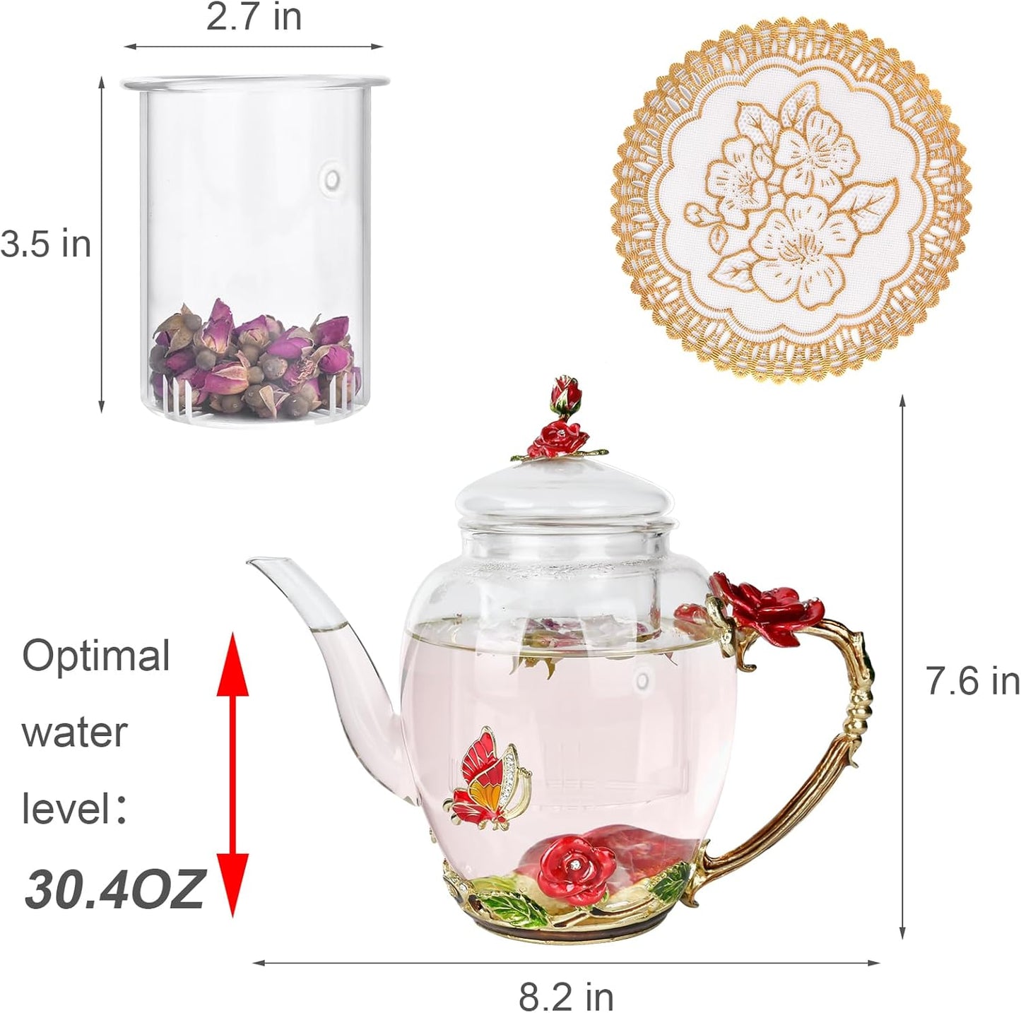 Enamel Glass Flower Tea Pot Set with Removable Infuser 30.4OZ - Perfect Gift for Women, Mom, Birthday