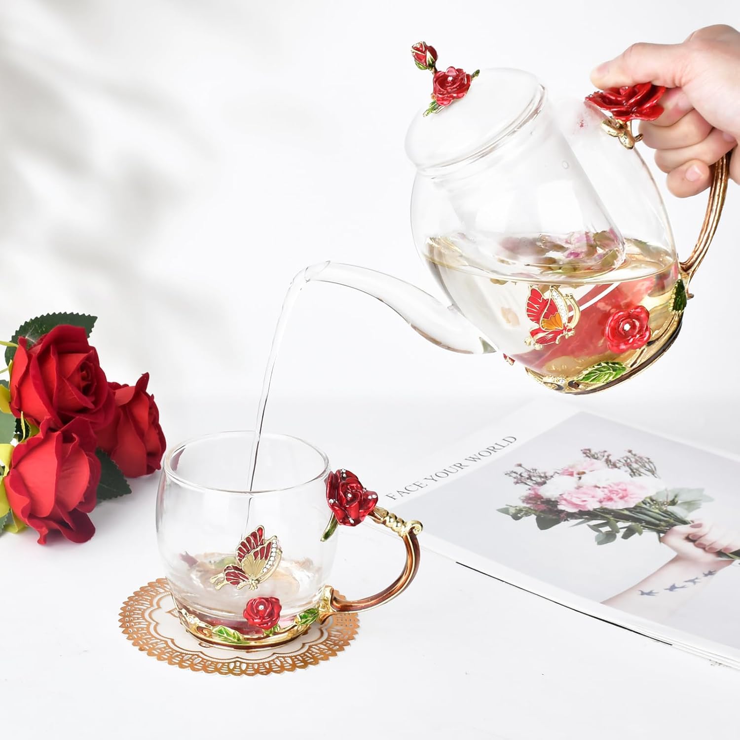 Enamel Glass Flower Tea Pot Set with Removable Infuser 30.4OZ - Perfect Gift for Women, Mom, Birthday