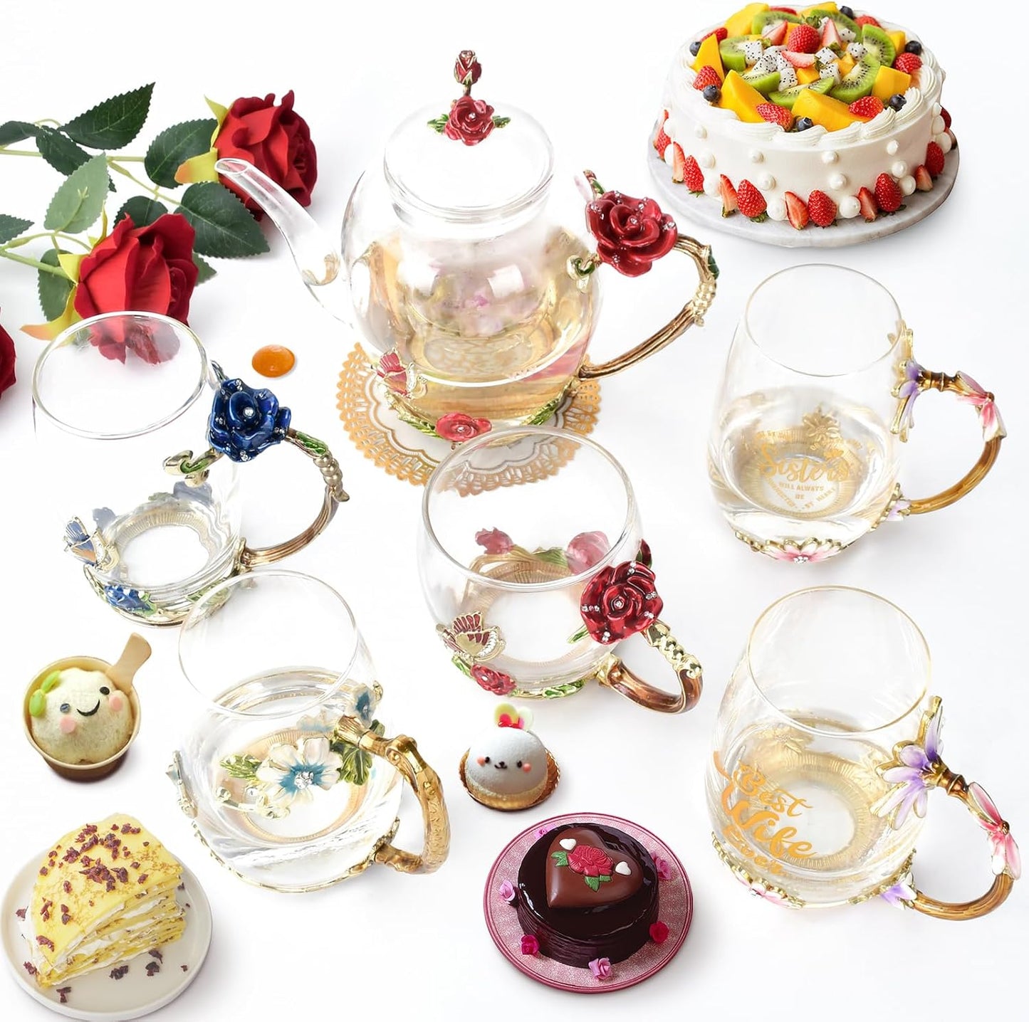 Enamel Glass Flower Tea Pot Set with Removable Infuser 30.4OZ - Perfect Gift for Women, Mom, Birthday