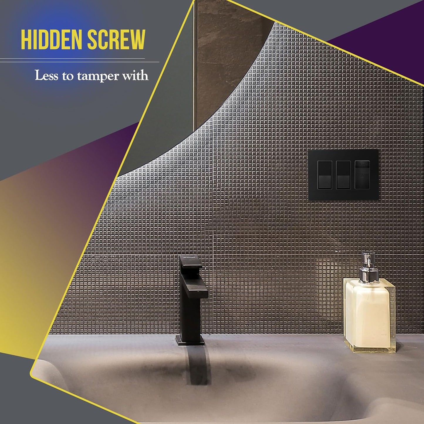 ENERLITES 3-Gang Screwless Decorator Wall Plate Outlet Covers, Child-Safe, Gloss Finish, 4.88" x 6.77", Unbreakable Black Polycarbonate Thermoplastic